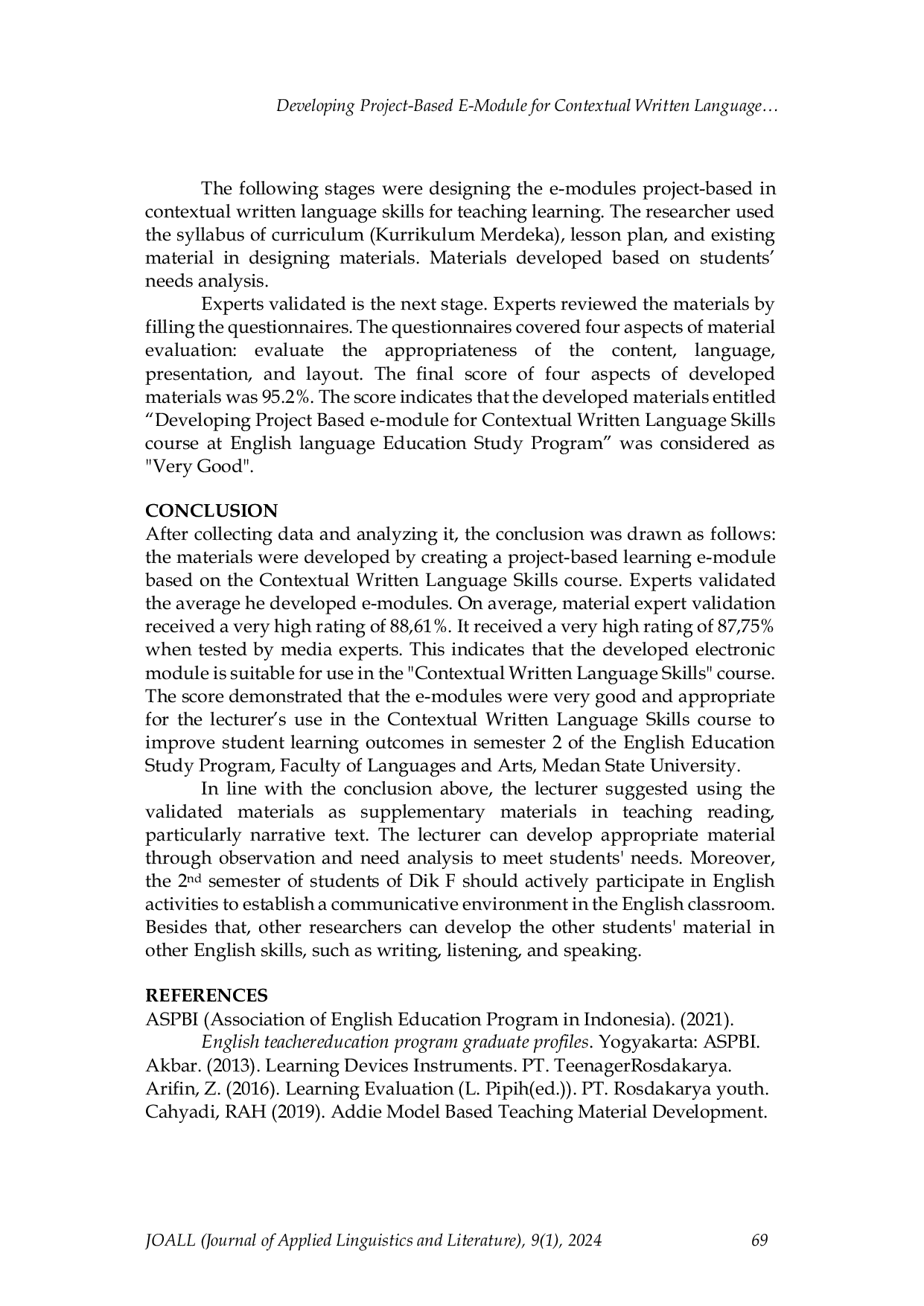 JURIS Developing project based e module for contextual written language skills course at English language education study program