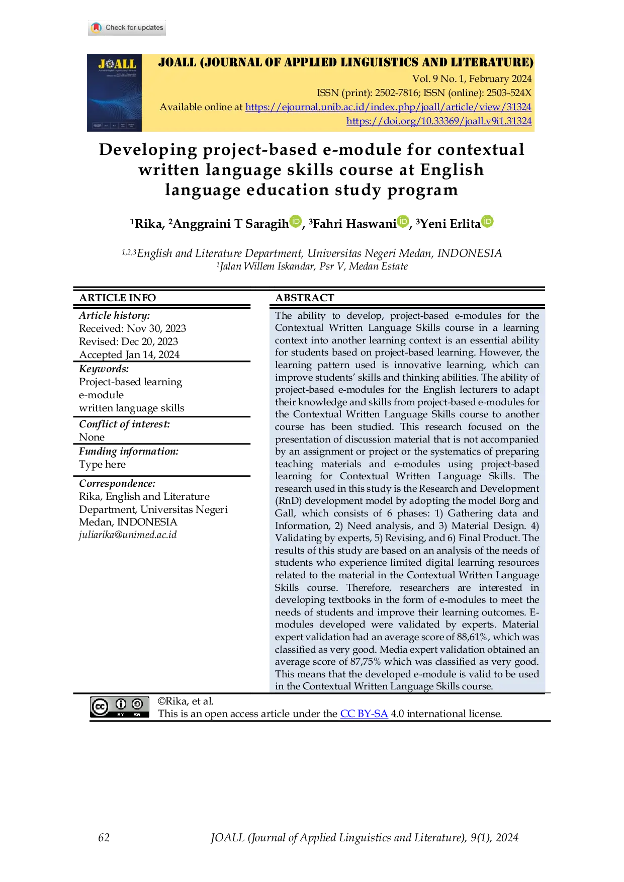 JURIS Developing project based e module for contextual written language skills course at English language education study program