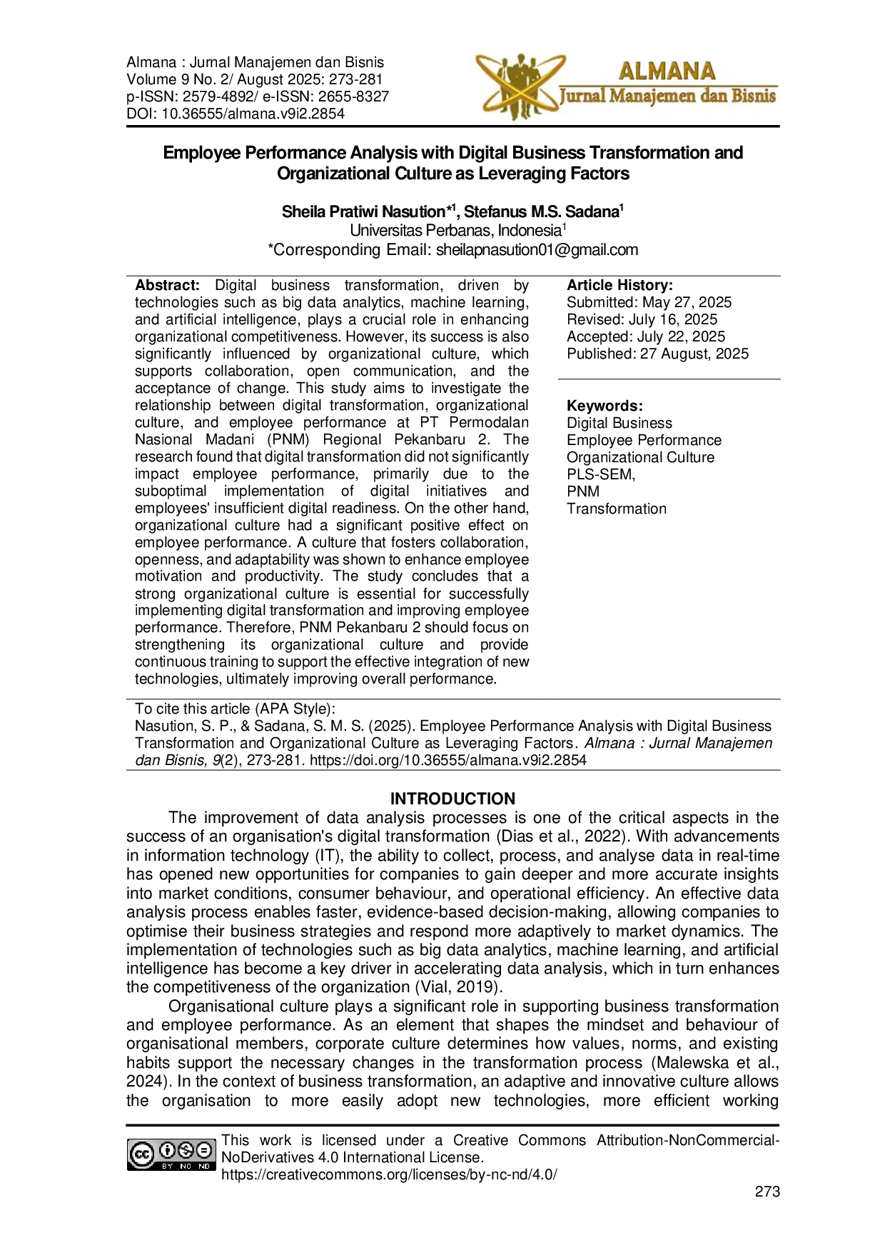 JURIS Employee Performance Analysis with Digital Business Transformation and Organizational Culture as Leveraging Factors