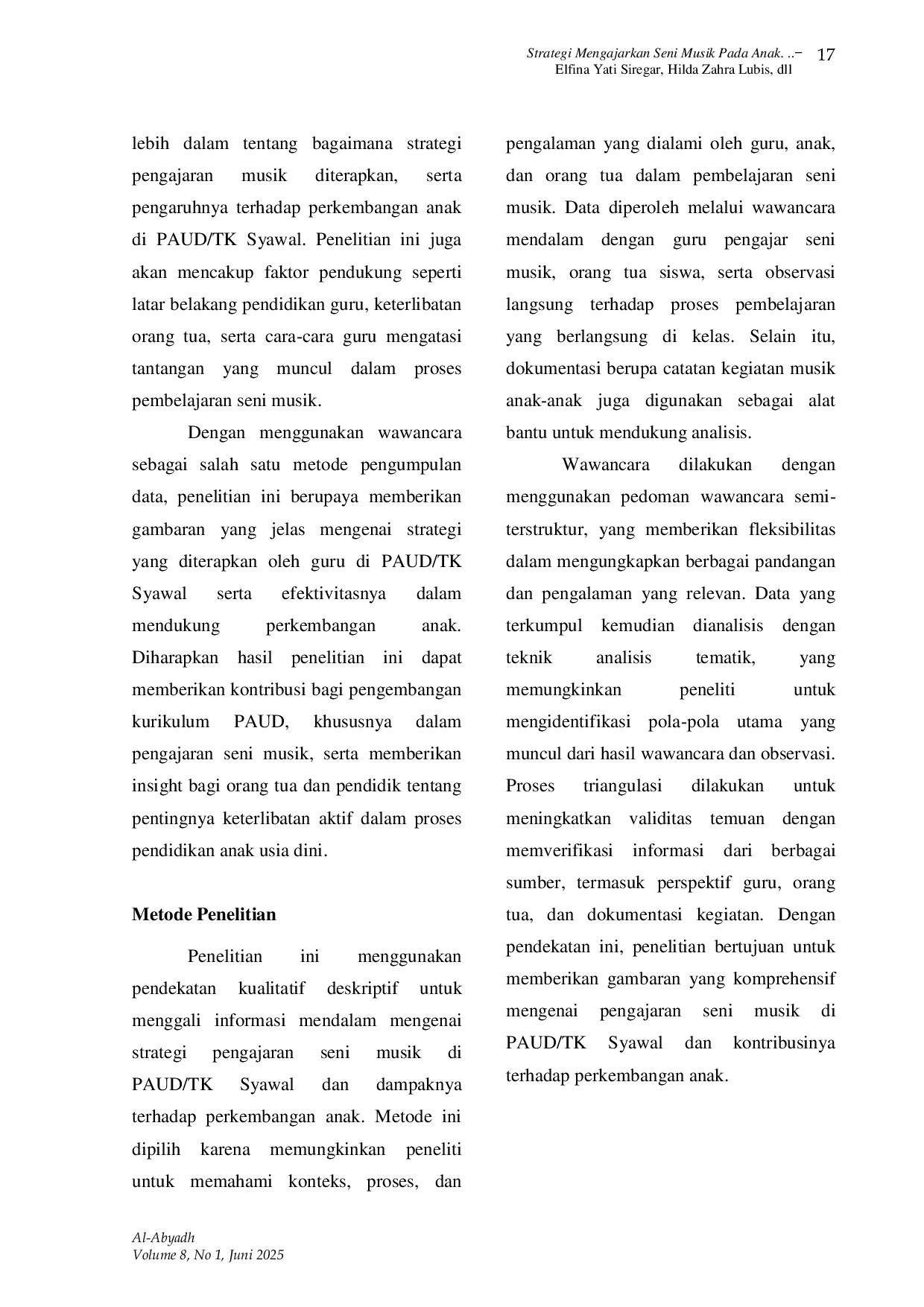 JURIS Strategi Mengajarkan Seni Musik Pada Anak Usia Dini Di PAUD Syawal