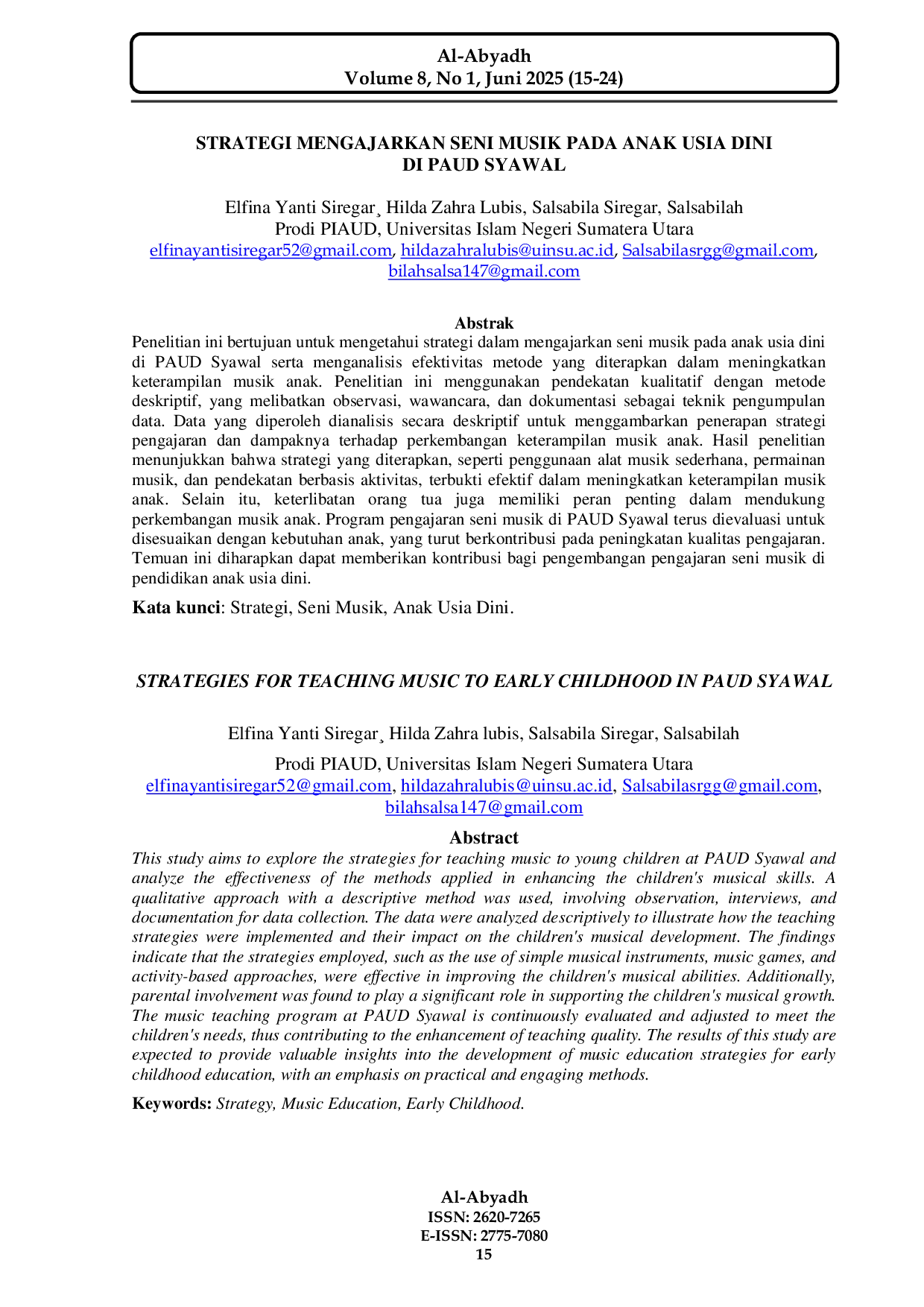 JURIS Strategi Mengajarkan Seni Musik Pada Anak Usia Dini Di PAUD Syawal