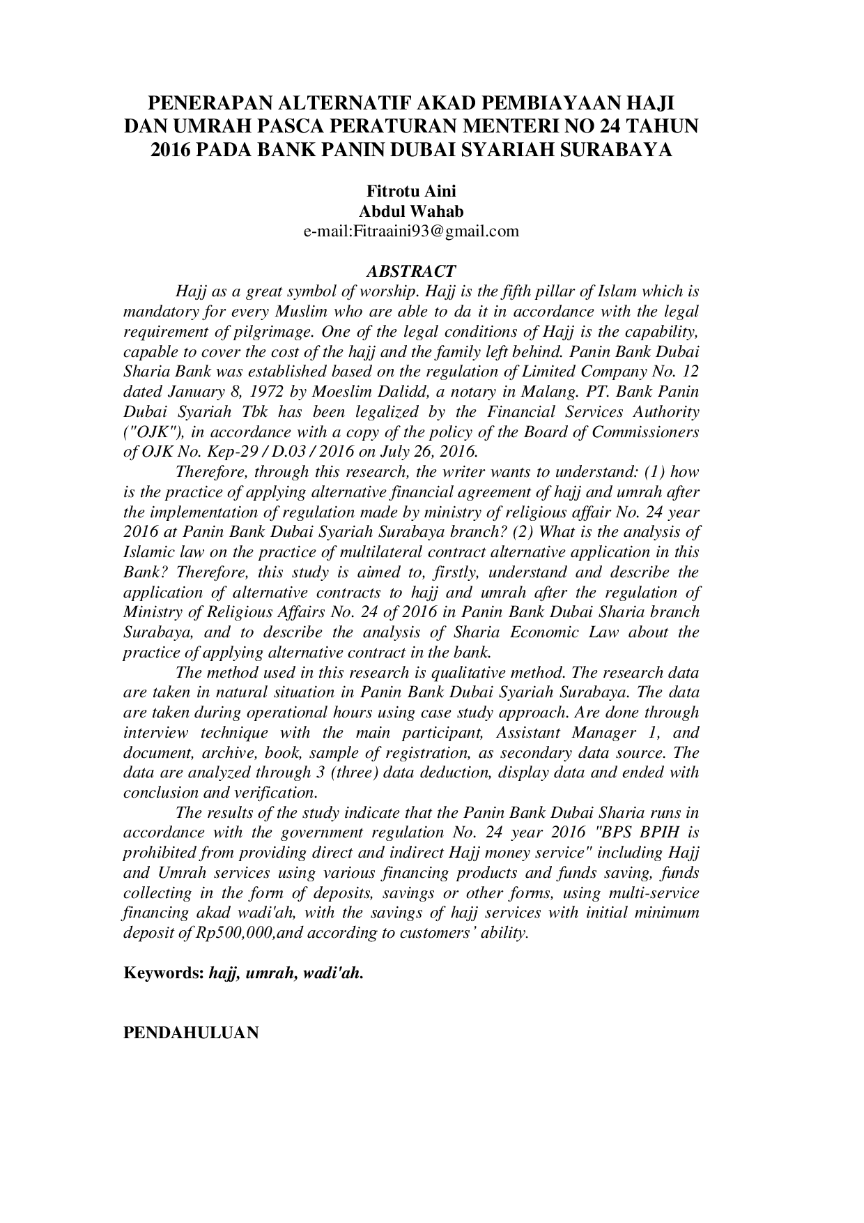 JURIS Penerapan Alternatif Akad Pembiayaan Haji dan umrah Pasca Peraturan Menteri No 24 Tahun 2016 Pada Bank Panin Dubai Syariah Surabaya