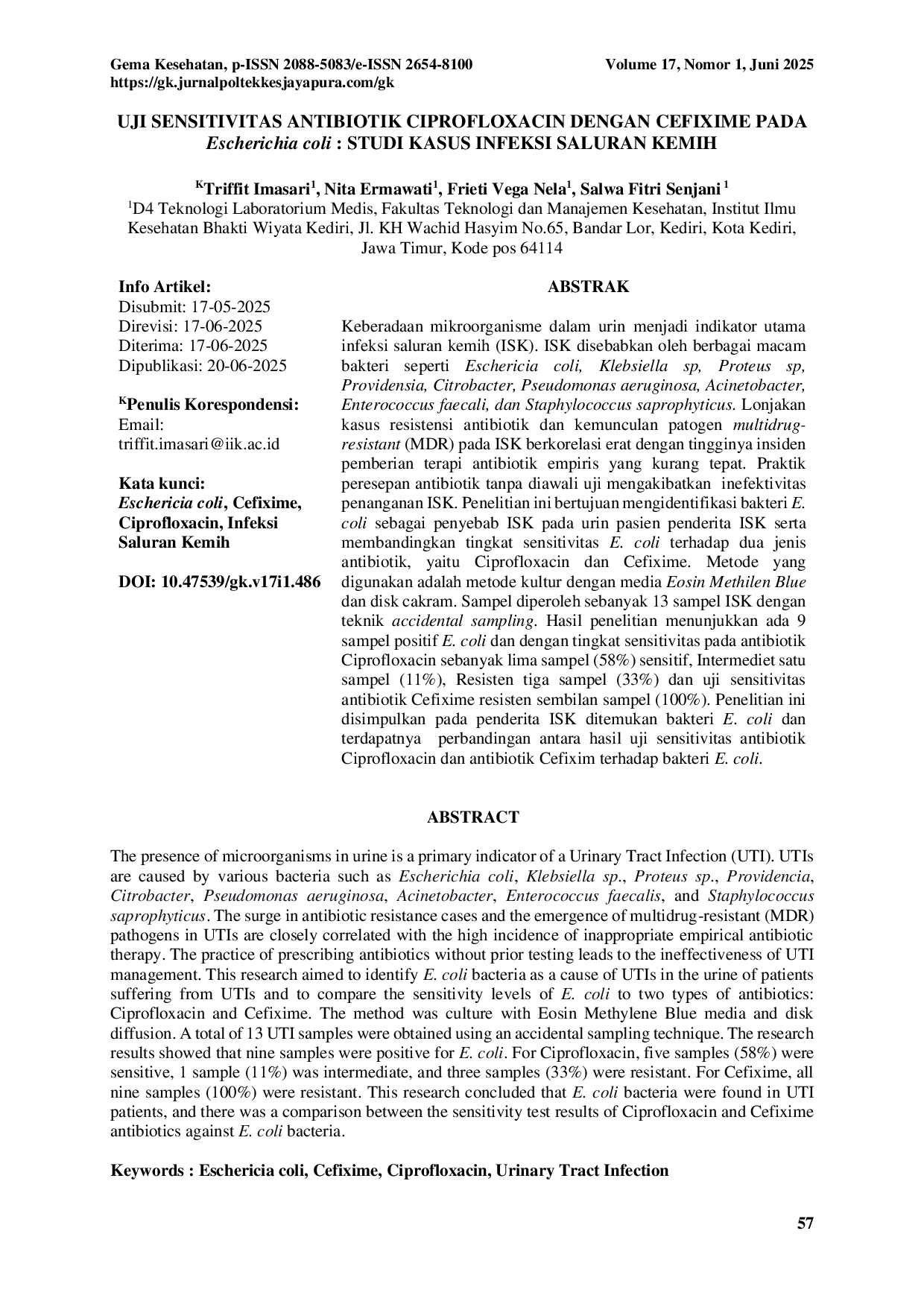 JURIS UJI SENSITIVITAS ANTIBIOTIK CIPROFLOXACIN DENGAN CEFIXIME PADA Escherichia coli STUDI KASUS INFEKSI SALURAN KEMIH