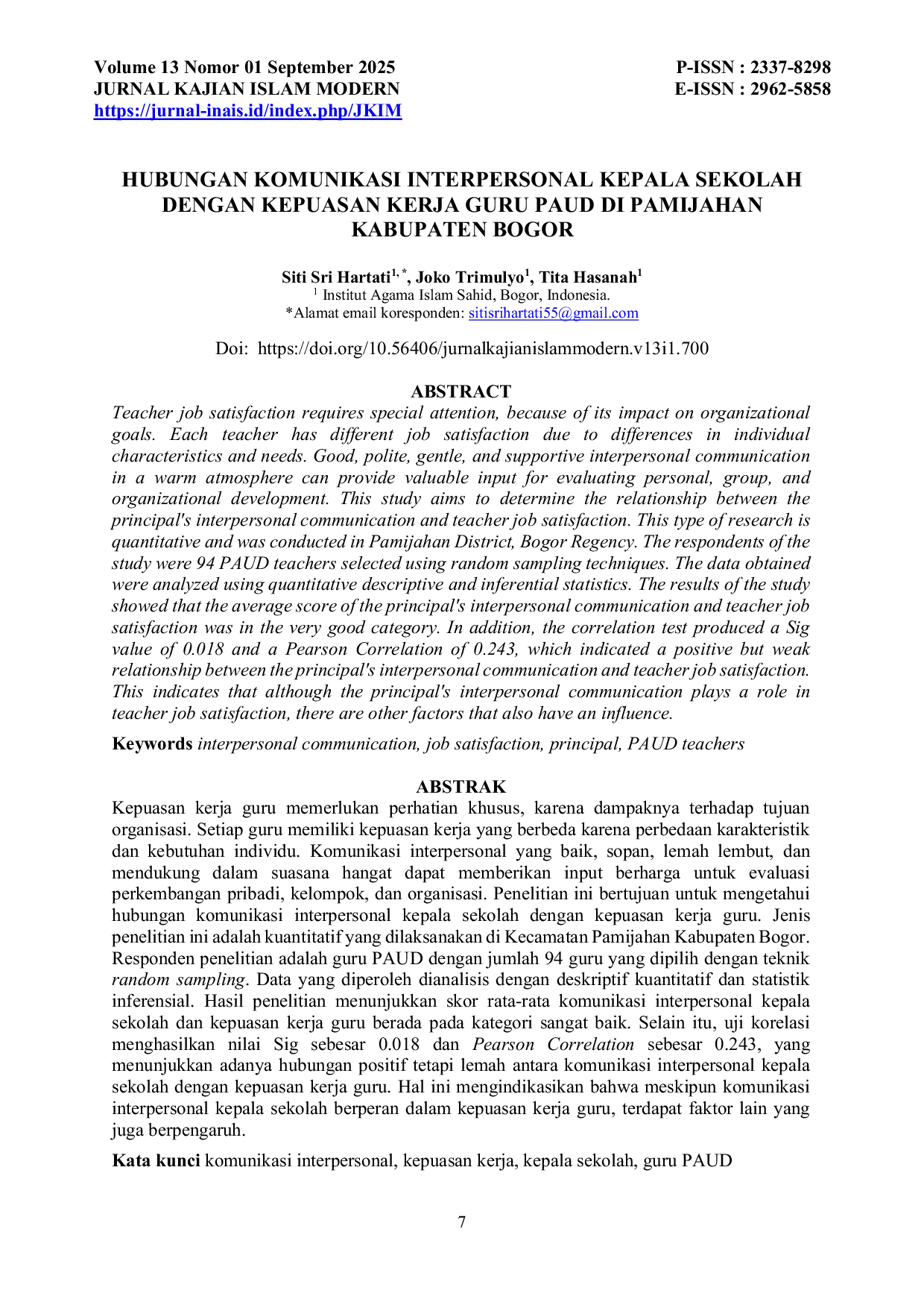 JURIS Hubungan Komunikasi Interpersonal Kepala Sekolah Dengan Kepuasan Kerja Guru PAUD di Pamijahan Kabupaten Bogor