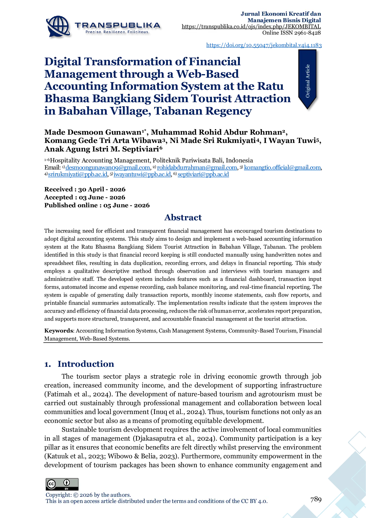 JURIS Digital Transformation of Financial Management through a Web Based Accounting Information System at the Ratu Bhasma Bangkiang Sidem Tourist Attraction in Babahan Village Tabanan Regency