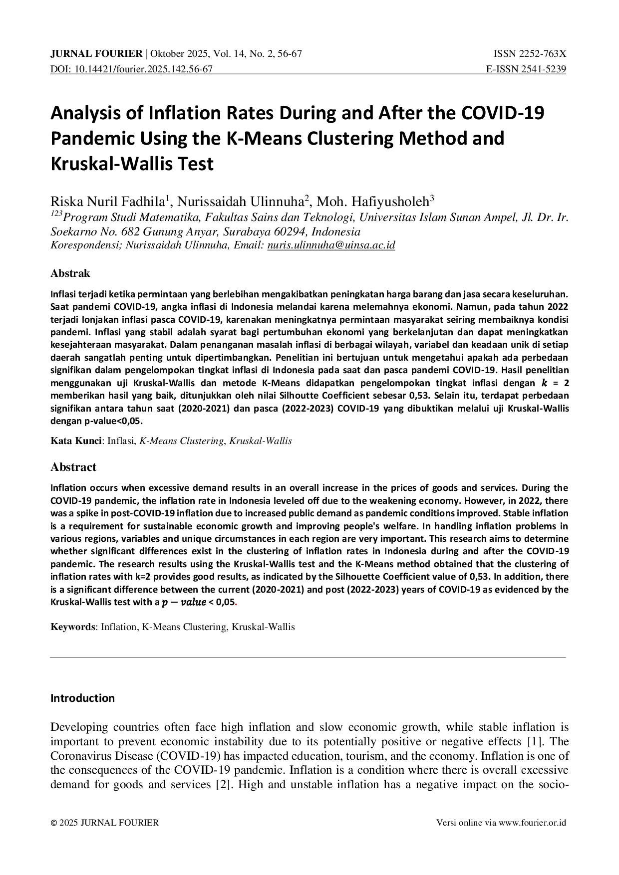 JURIS Analysis of Inflation Rates During and After the COVID 19 Pandemic Using the K Means Clustering Method and Kruskal Wallis Test
