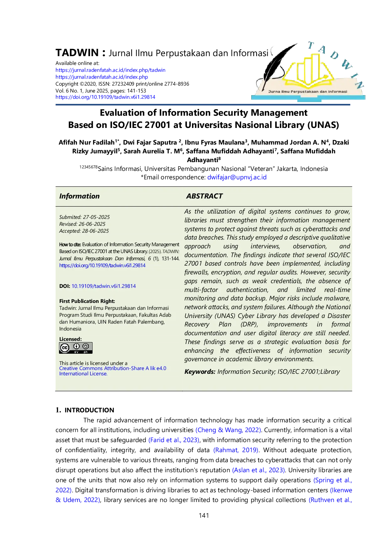JURIS Evaluation of Information Security Management Based on ISO IEC 27001 at Universitas Nasional Library UNAS