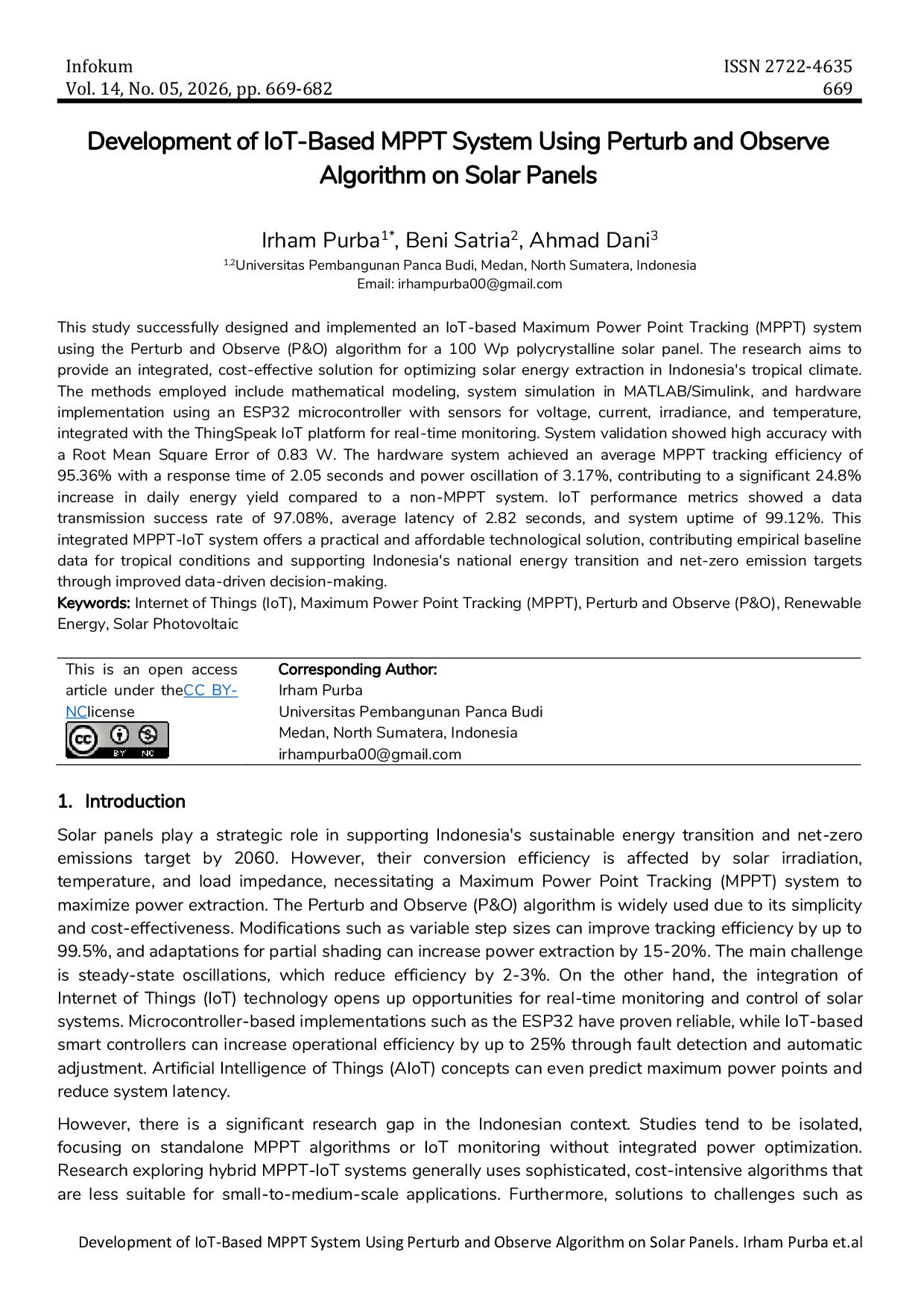 JURIS Development of IoT Based MPPT System Using Perturb and Observe Algorithm on Solar Panels