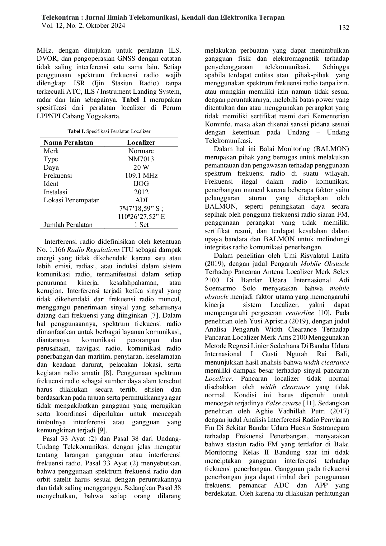 JURIS Analisis Pengaruh Frekuensi Liar terhadap Sinyal Pancaran Localizer Frekuensi 109 1 MHz di Perum LPPNPI Cabang Yogyakarta