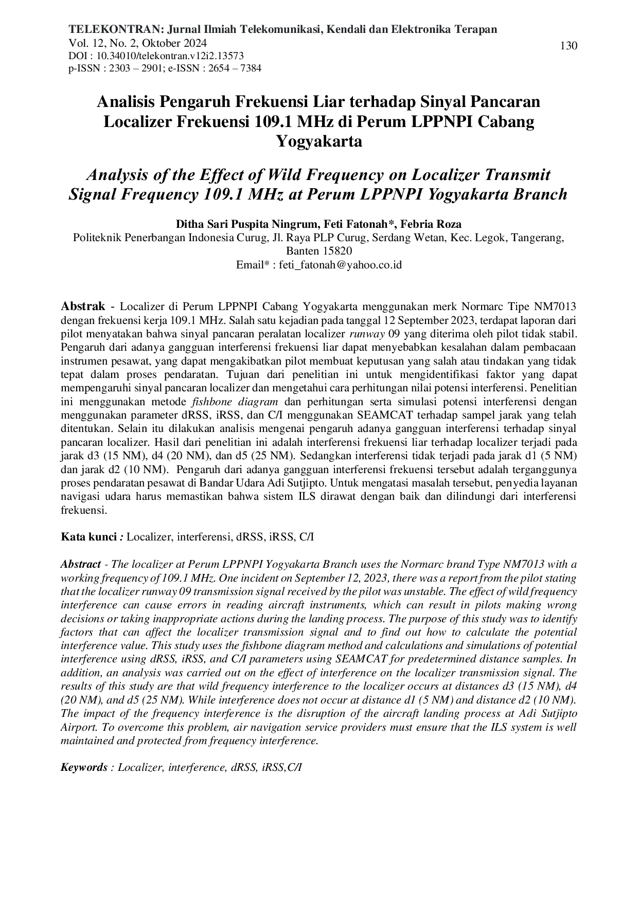 JURIS Analisis Pengaruh Frekuensi Liar terhadap Sinyal Pancaran Localizer Frekuensi 109 1 MHz di Perum LPPNPI Cabang Yogyakarta