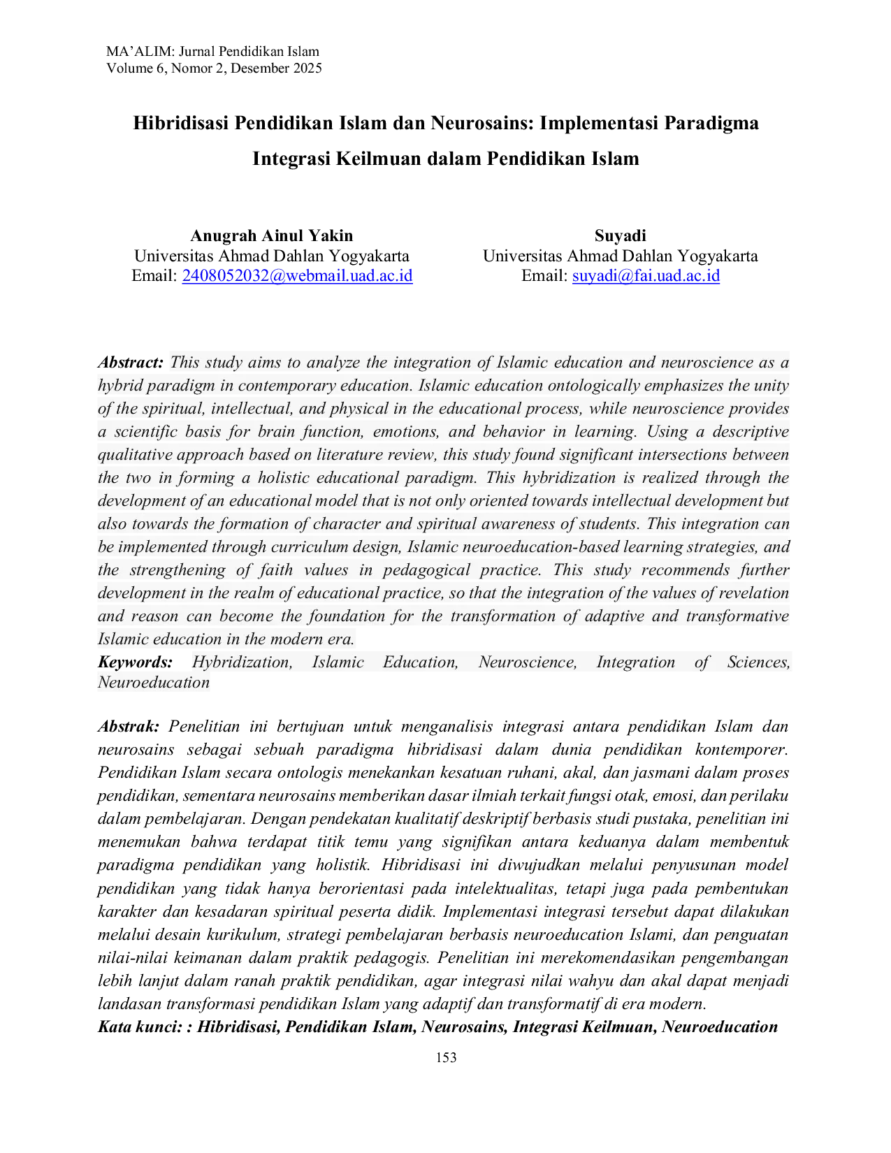 JURIS Hibridisasi Pendidikan Islam dan Neurosains Implementasi Paradigma Integrasi Keilmuan dalam Pendidikan Islam