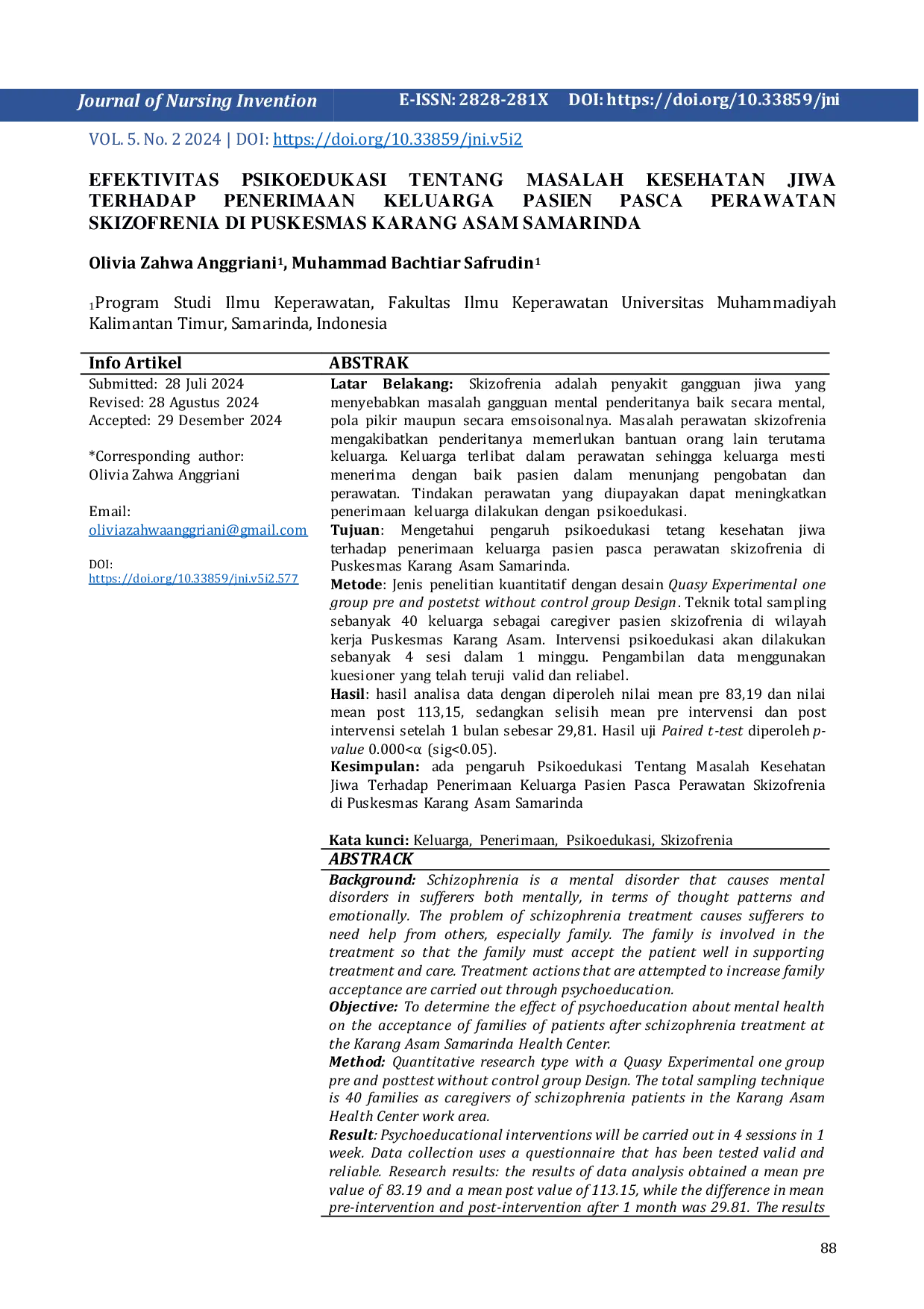 JURIS Efektivitas Psikoedukasi Tentang Masalah Kesehatan Jiwa Terhadap Penerimaan Keluarga Pasien Pasca Perawatan Skizofrenia di Puskesmas Karang Asam Samarinda