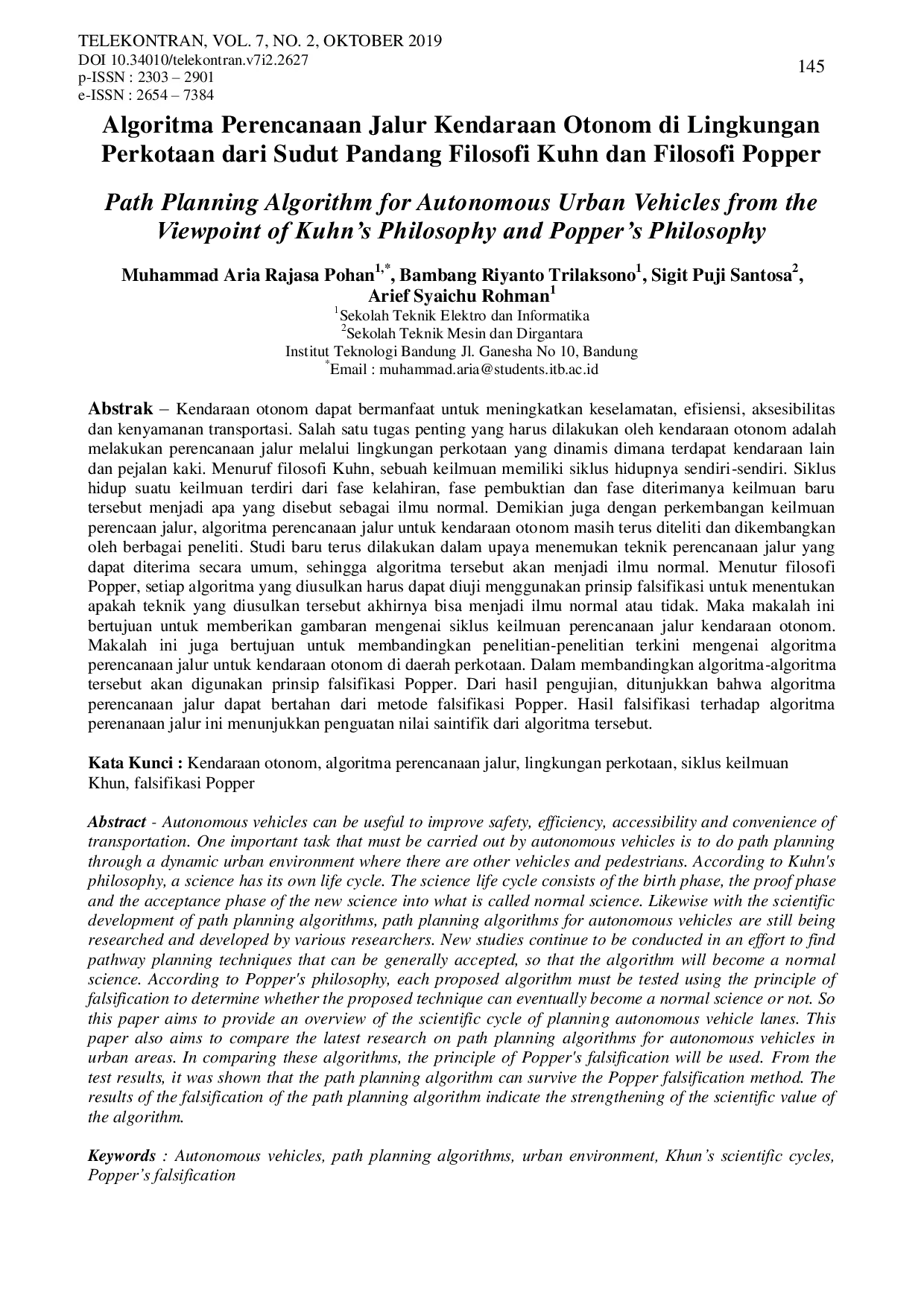 JURIS Algoritma Perencanaan Jalur Kendaraan Otonom di Lingkungan Perkotaan dari Sudut Pandang Filosofi Kuhn dan Filosofi Popper