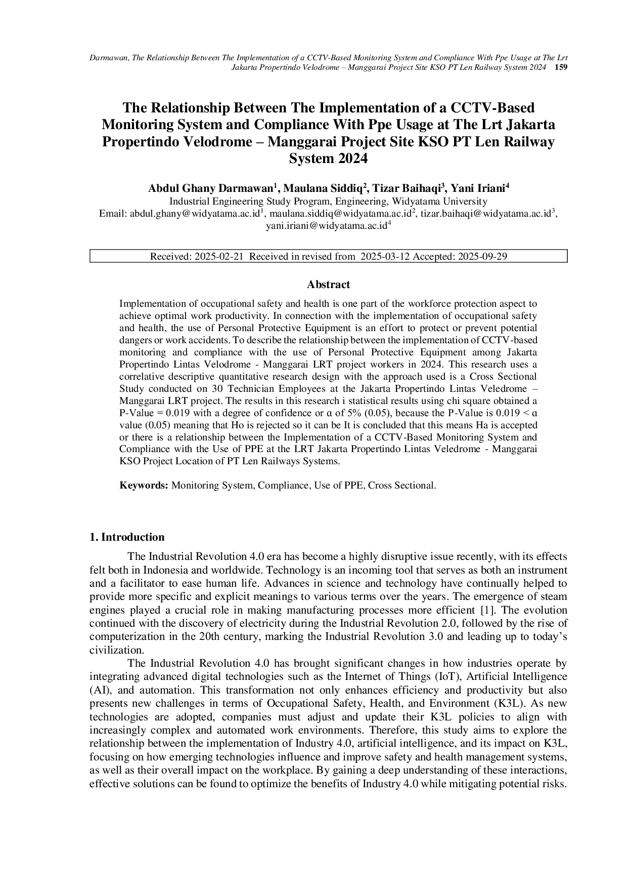 JURIS The Relationship Between The Implementation of a CCTV Based Monitoring System and Compliance With Ppe Usage at The Lrt Jakarta Propertindo Velodrome Manggarai Project Site KSO PT Len Railway System