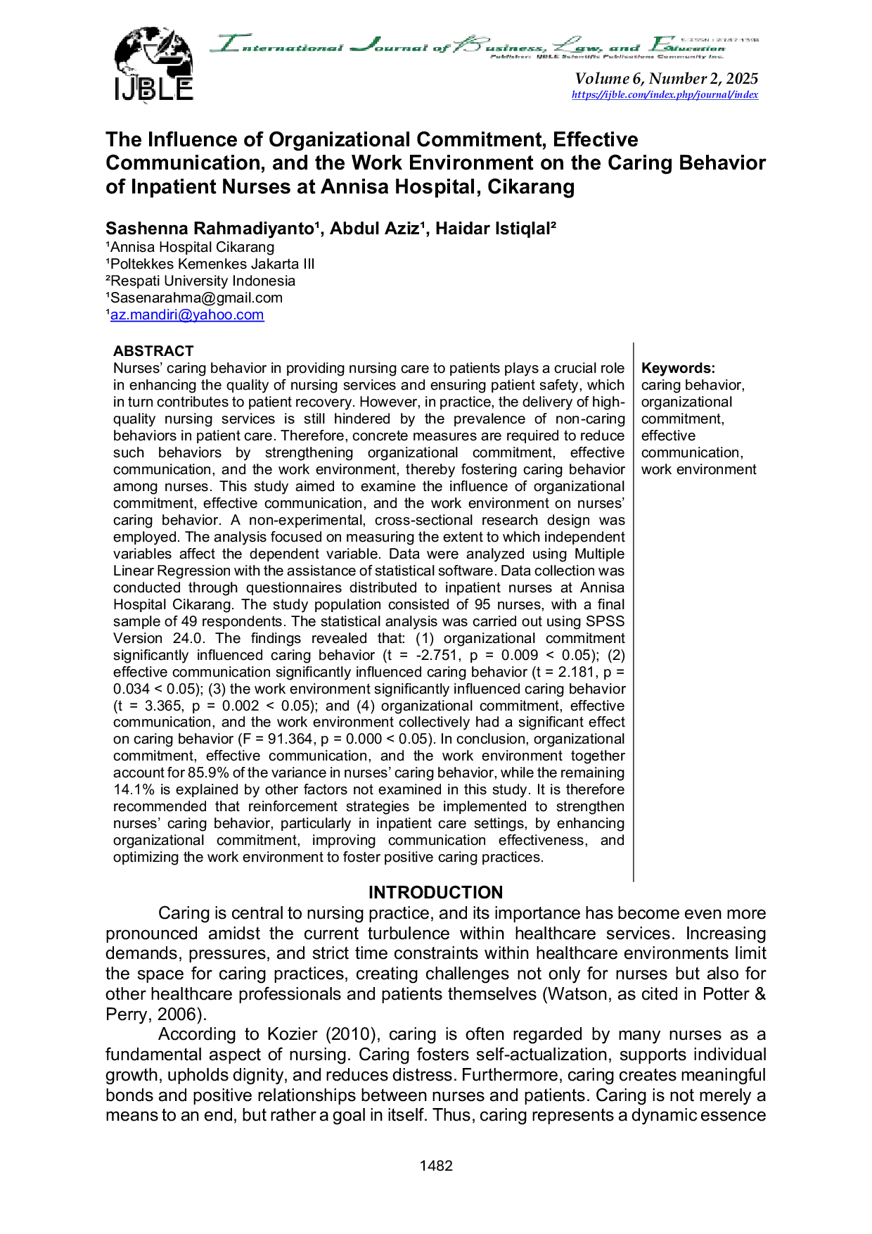 JURIS The Influence of Organizational Commitment Effective Communication and the Work Environment on the Caring Behavior of Inpatient Nurses at Annisa Hospital Cikarang