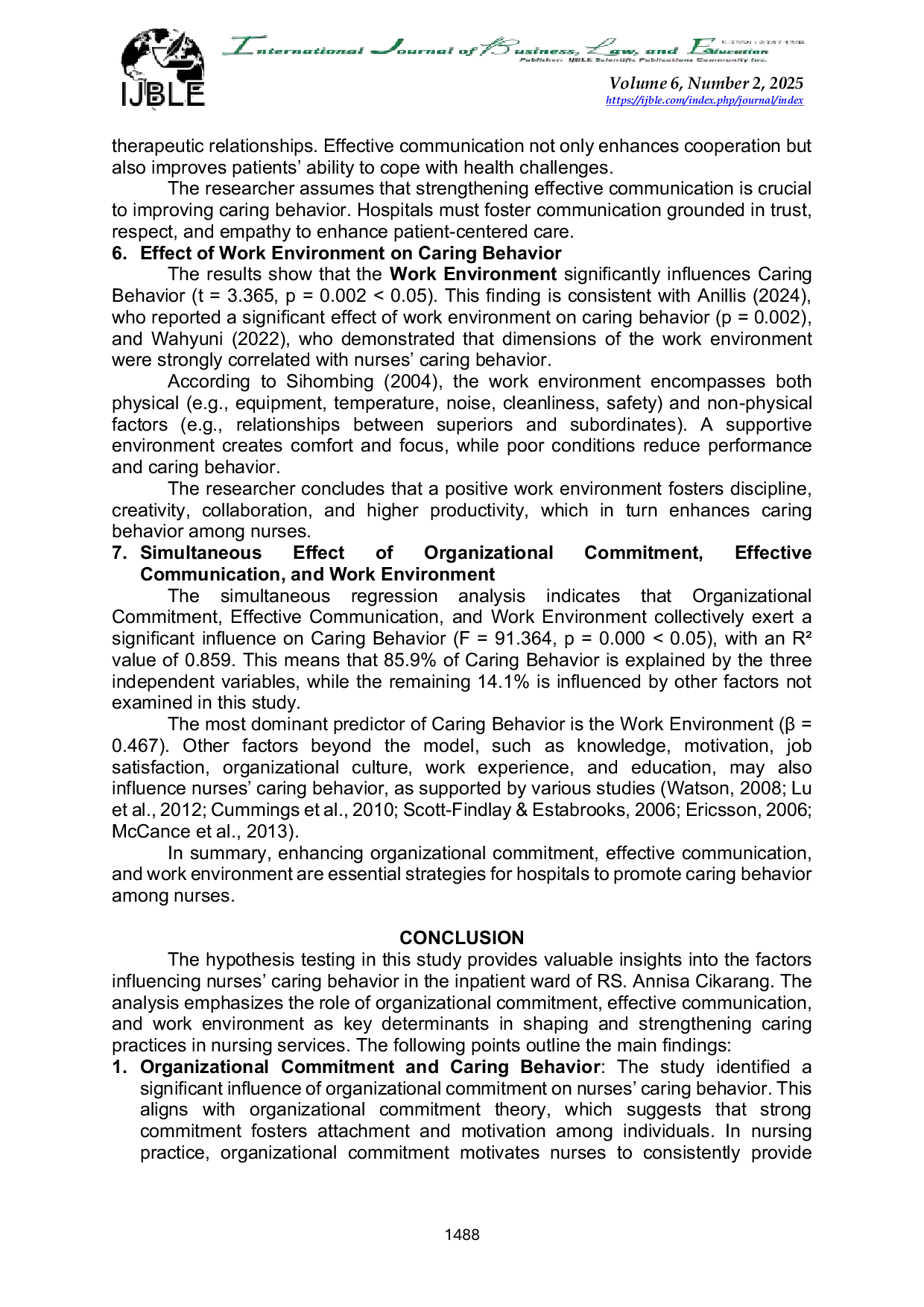 JURIS The Influence of Organizational Commitment Effective Communication and the Work Environment on the Caring Behavior of Inpatient Nurses at Annisa Hospital Cikarang
