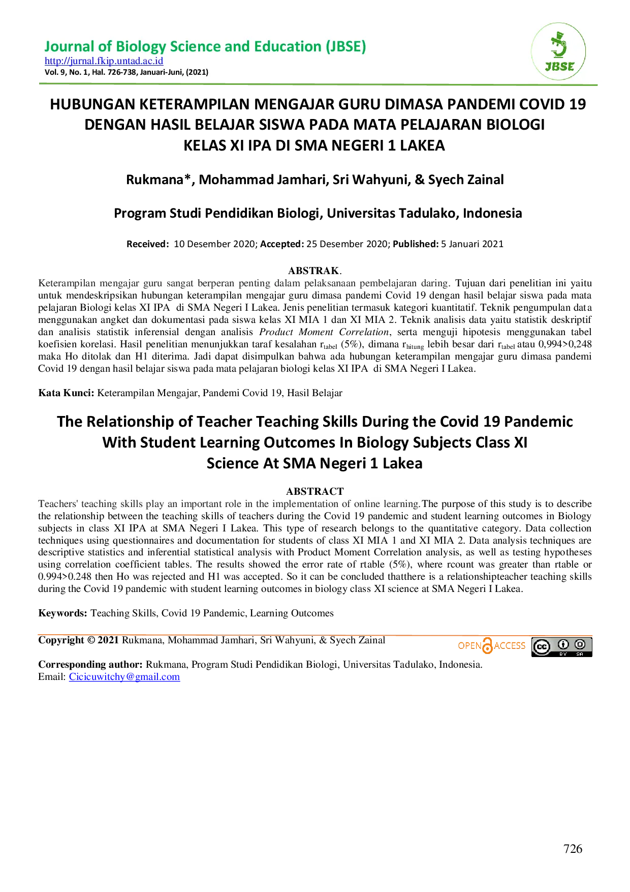 JURIS Hubungan Keterampilan Mengajar Guru Dimasa Pandemi Covid 19 Dengan Hasil Belajar Siswa Pada Mata Pelajaran Biologi Kelas Xi Ipa Di Sma Negeri 1 Lakea