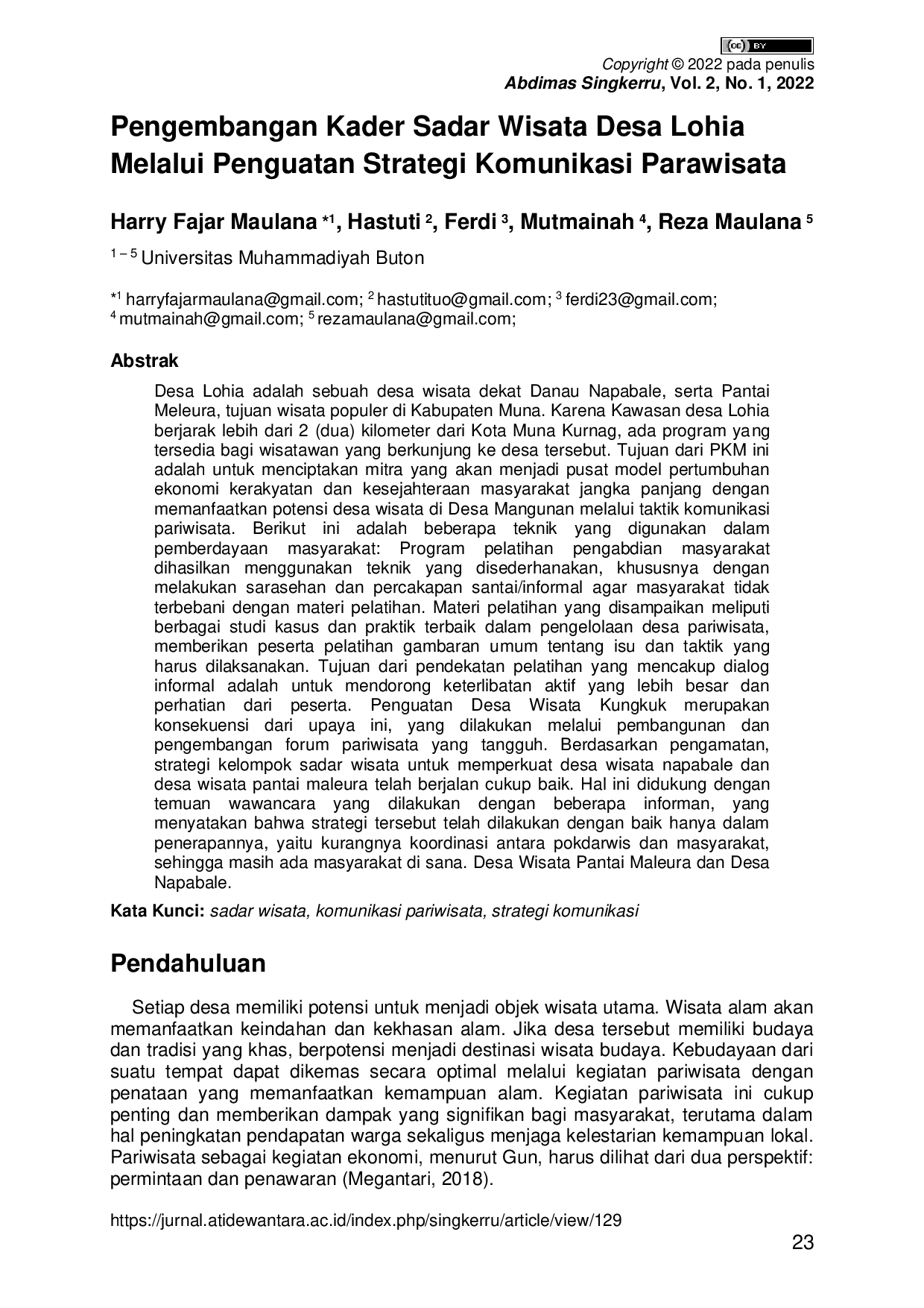 JURIS Pengembangan Kader Sadar Wisata Desa Lohia Melalui Penguatan Strategi Komunikasi Parawisata