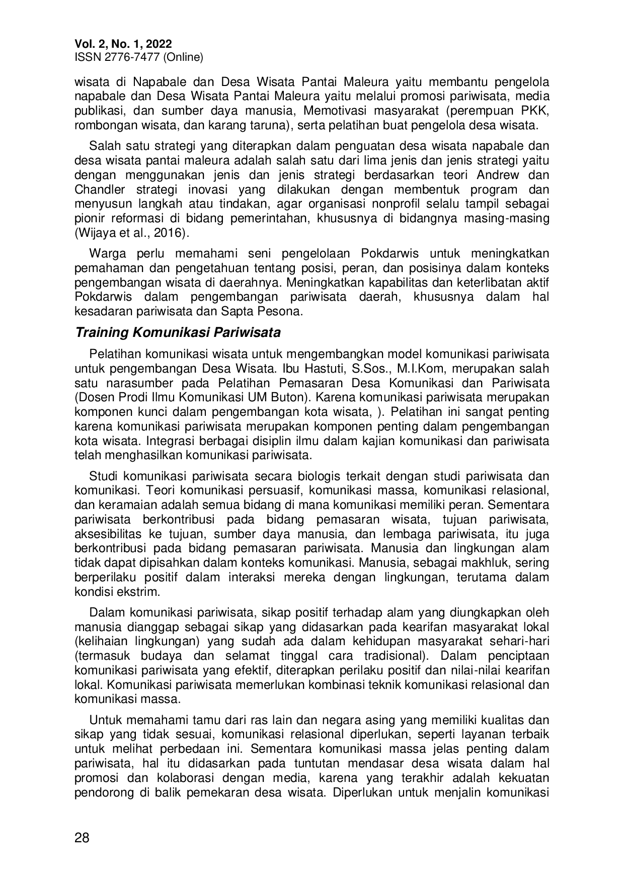 JURIS Pengembangan Kader Sadar Wisata Desa Lohia Melalui Penguatan Strategi Komunikasi Parawisata