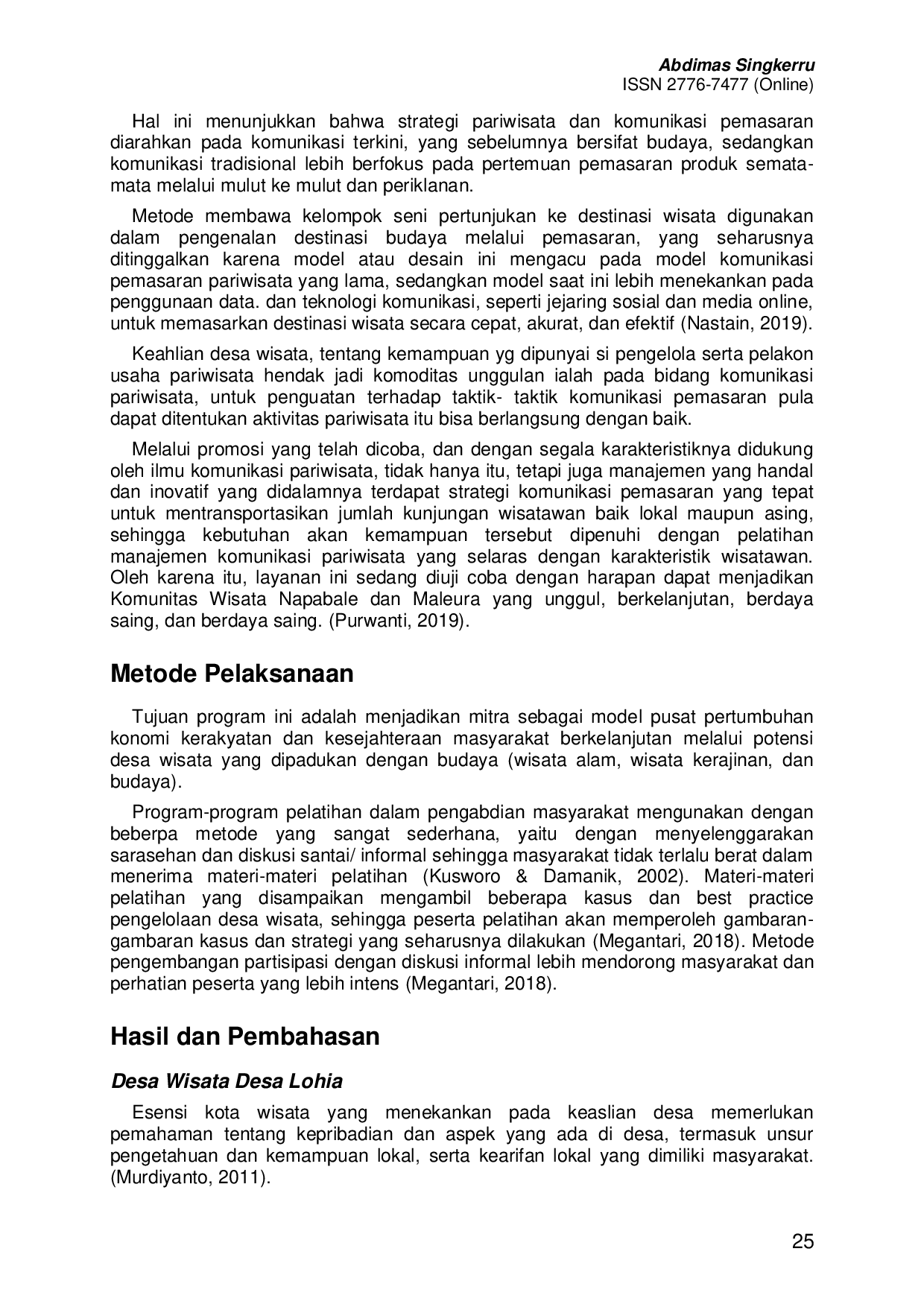 JURIS Pengembangan Kader Sadar Wisata Desa Lohia Melalui Penguatan Strategi Komunikasi Parawisata