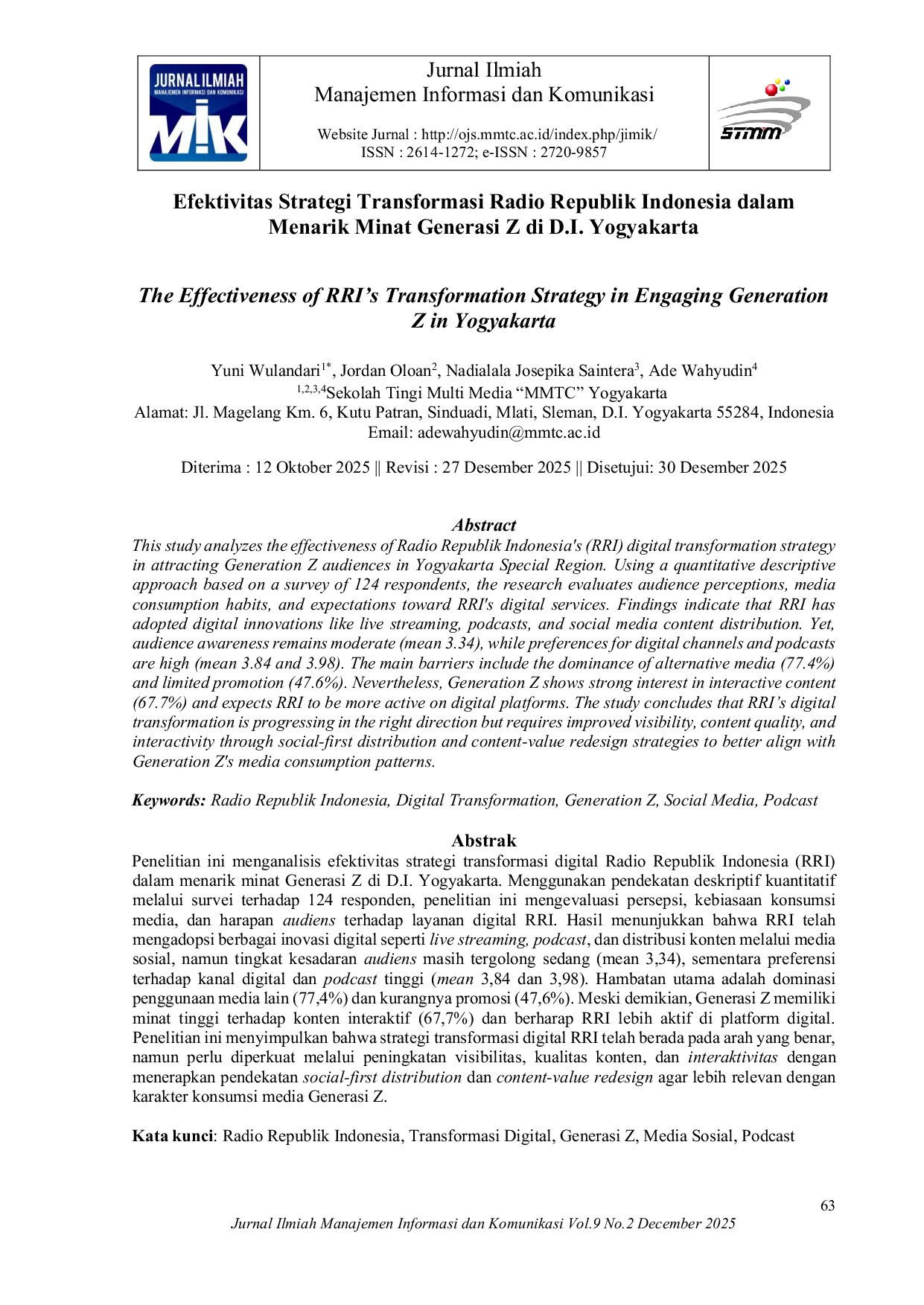 JURIS Efektivitas Strategi Transformasi Radio Republik Indonesia dalam Menarik Minat Generasi Z di D I Yogyakarta