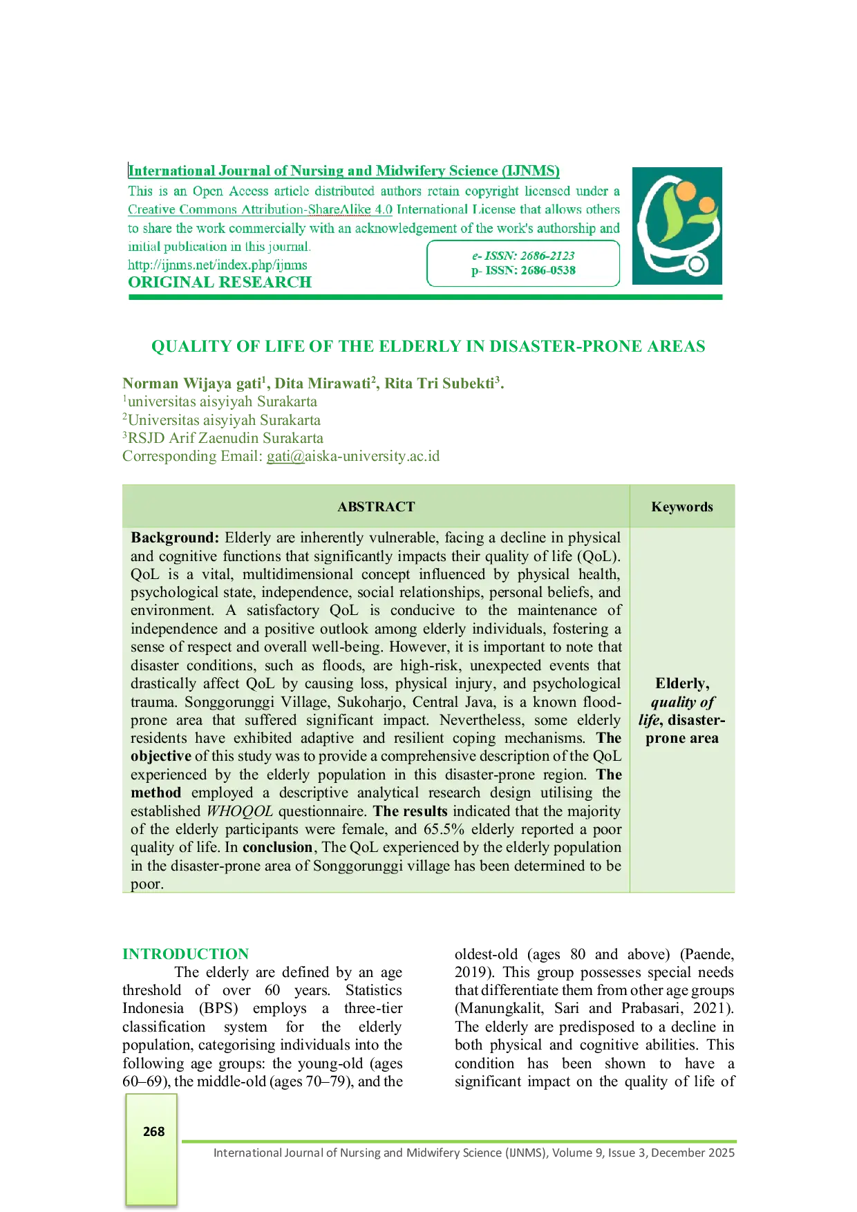 JURIS QUALITY OF LIFE OF THE ELDERLY IN DISASTER PRONE AREAS