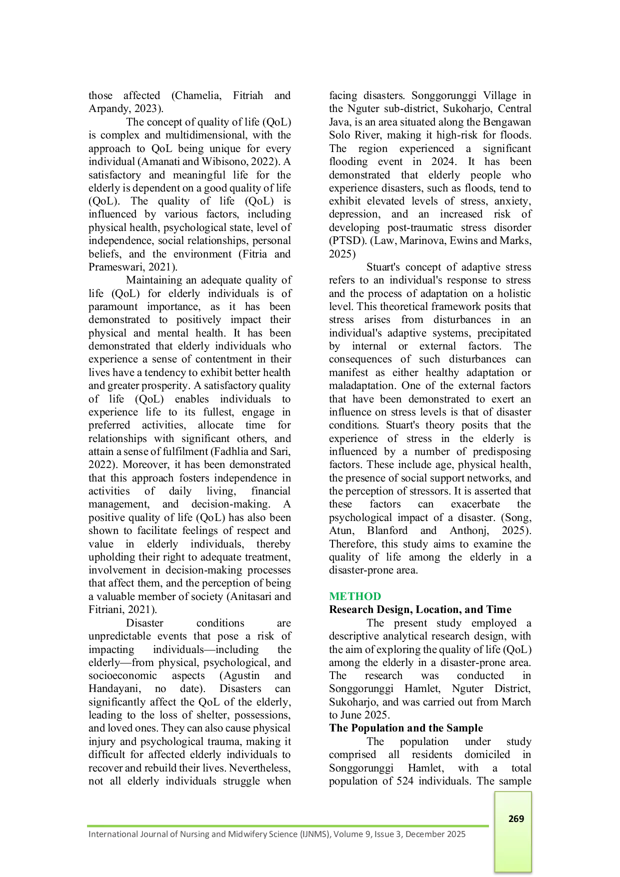 JURIS QUALITY OF LIFE OF THE ELDERLY IN DISASTER PRONE AREAS