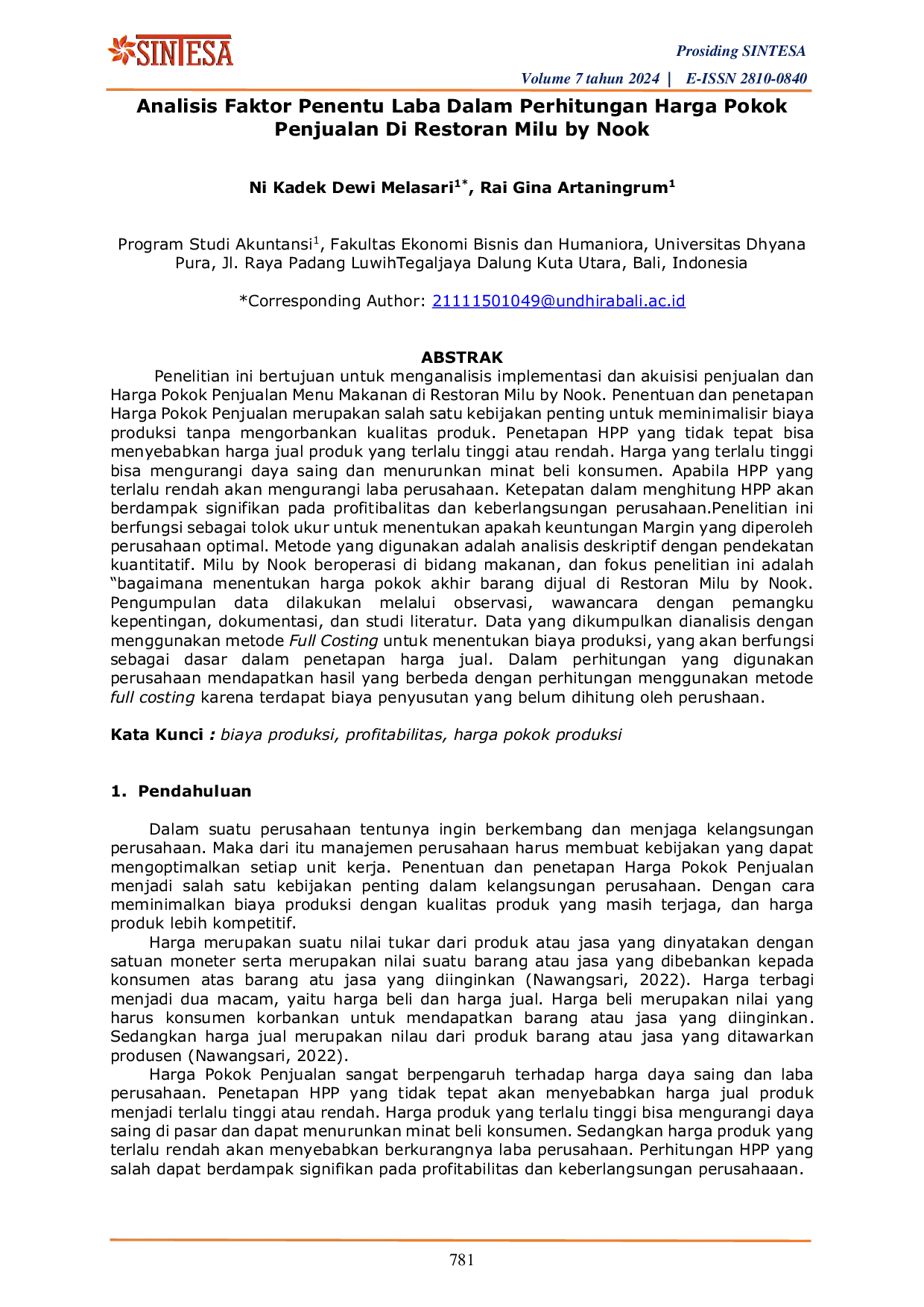 JURIS Analisis Faktor Penentu Laba Dalam Perhitungan Harga Pokok Penjualan Di Restoran Milu by Nook