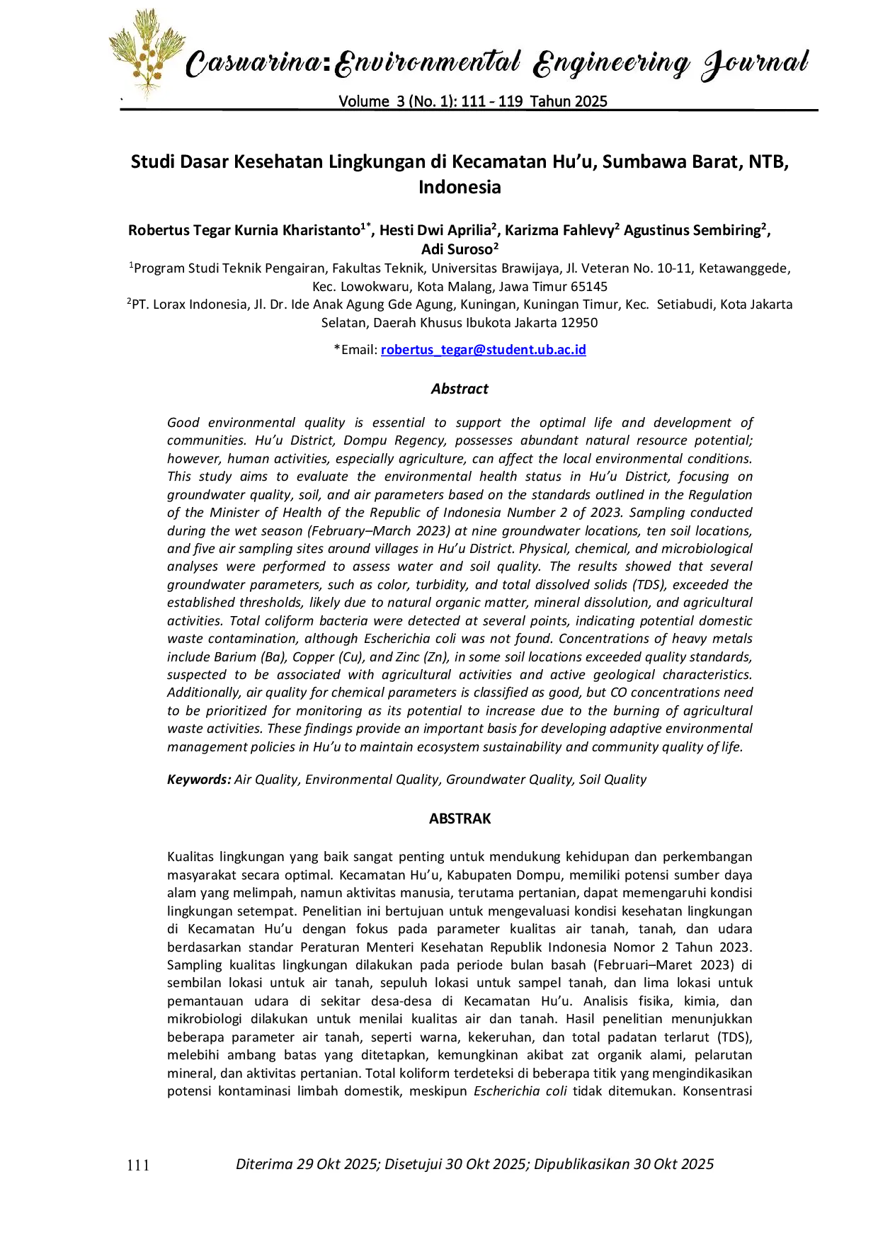 JURIS Studi Dasar Kesehatan Lingkungan di Kecamatan Hu u Sumbawa Barat NTB Indonesia Bahasa Indonesia