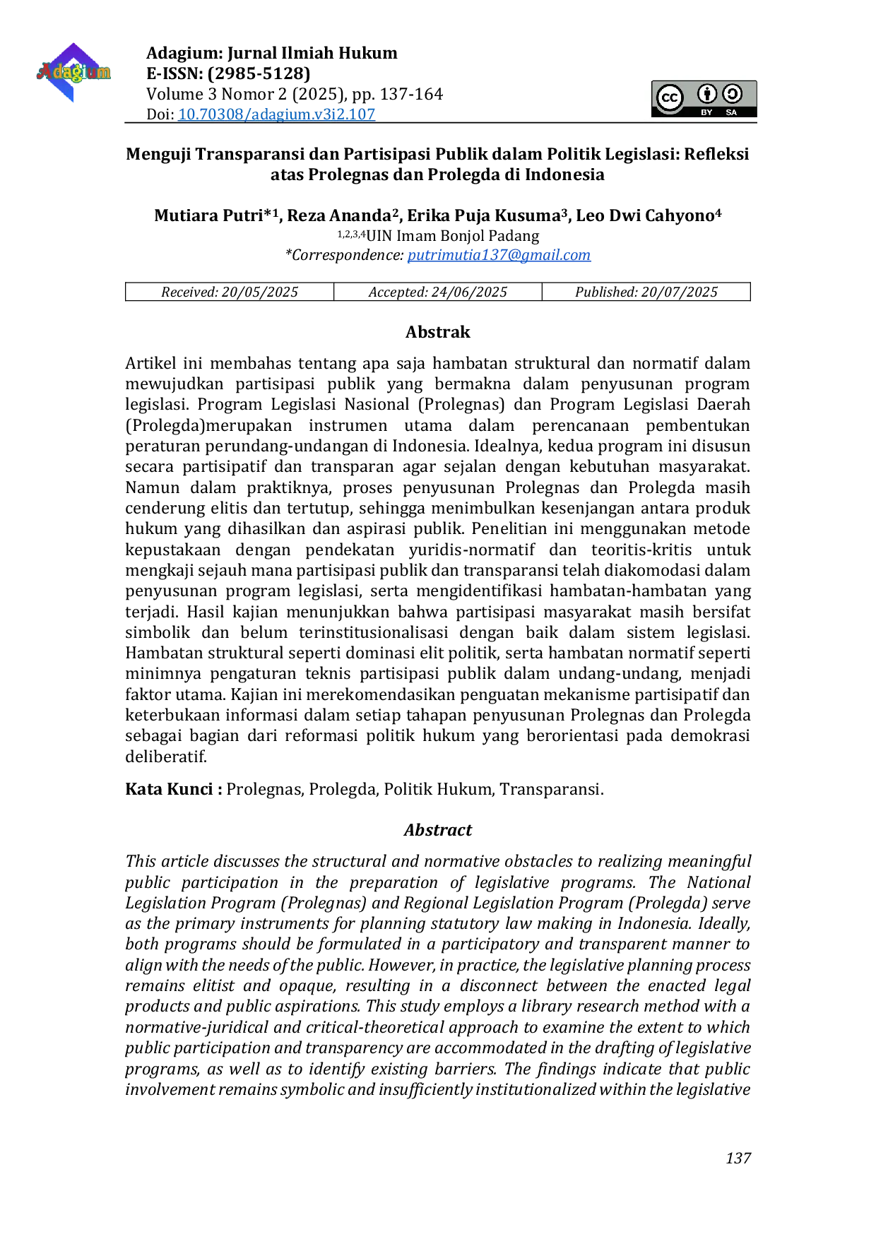 JURIS Menguji Transparansi dan Partisipasi Publik dalam Politik Legislasi Refleksi atas Prolegnas dan Prolegda di Indonesia