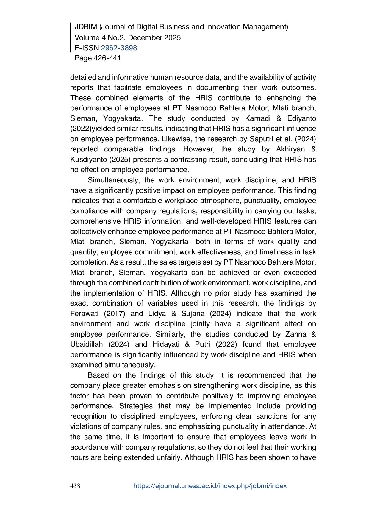 JURIS The Effect of Work Environment Work Discipline and Human Resource Information System on Employee Performance at PT Nasmoco Bahtera Motor Mlati Sleman Yogyakarta