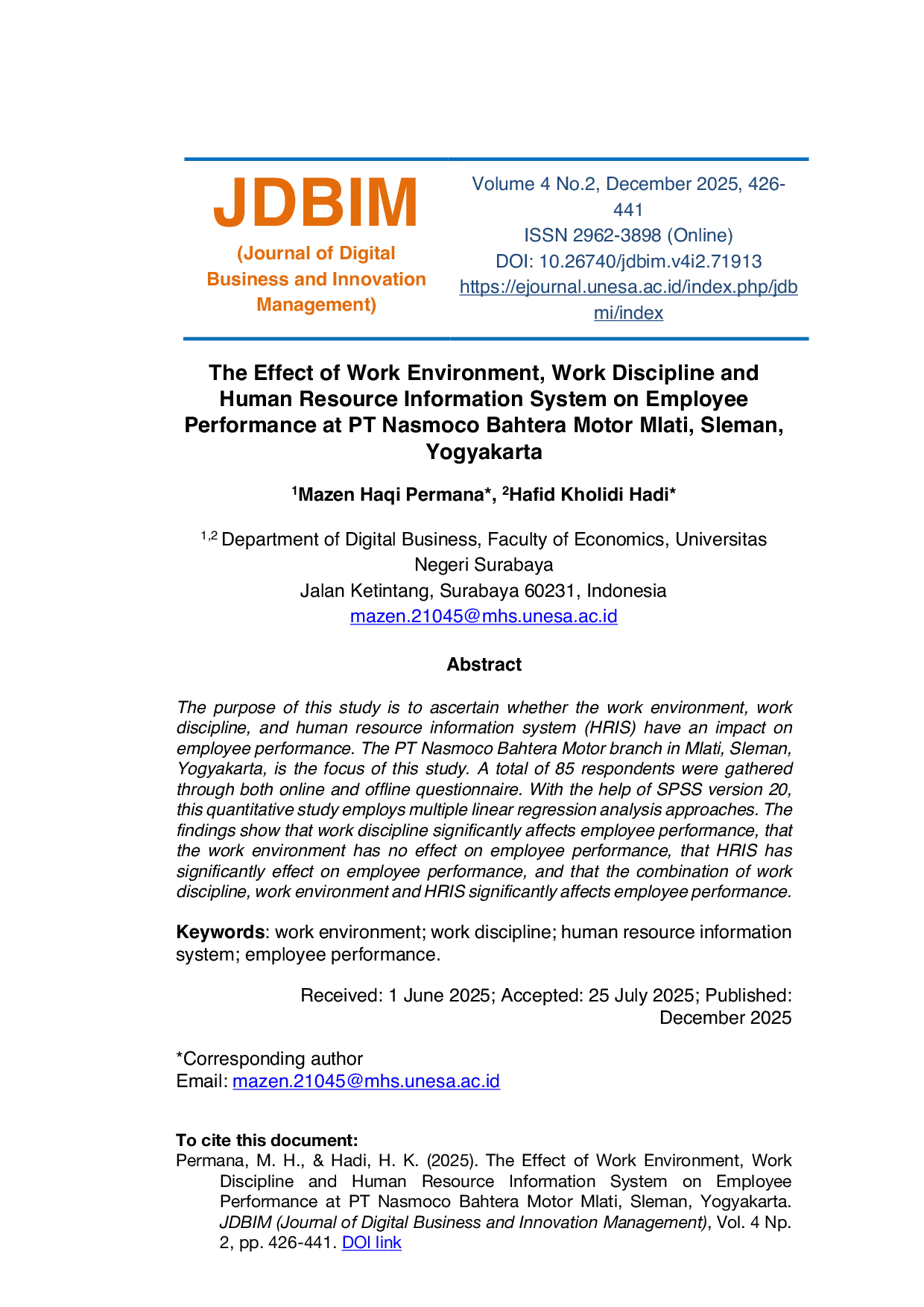 JURIS The Effect of Work Environment Work Discipline and Human Resource Information System on Employee Performance at PT Nasmoco Bahtera Motor Mlati Sleman Yogyakarta