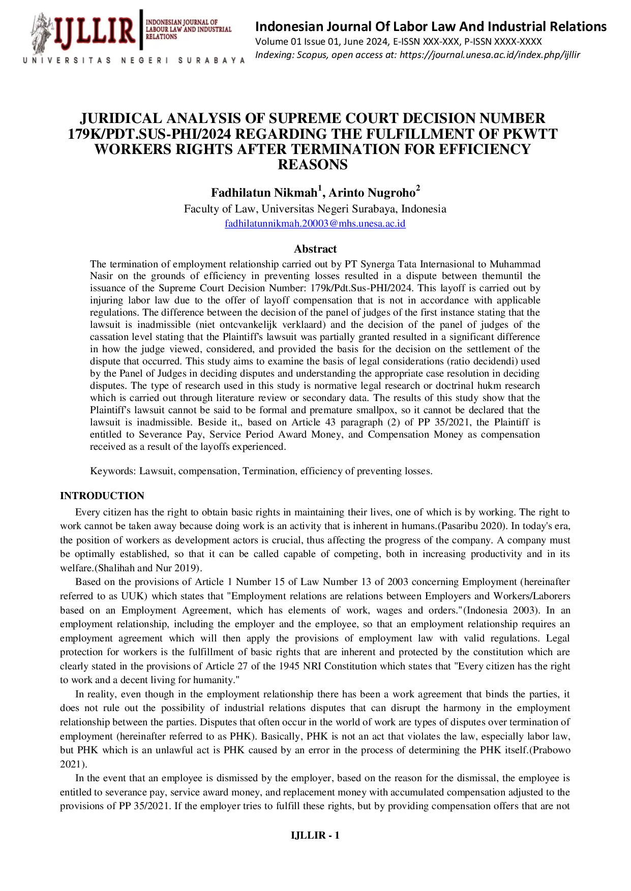 JURIS Juridical Analysis Of Supreme Court Decision Number 179K Pdt Sus Phi 2024 Regarding The Fulfillment Of Pkwtt Workers Rights After Termination For Efficiency Reasons