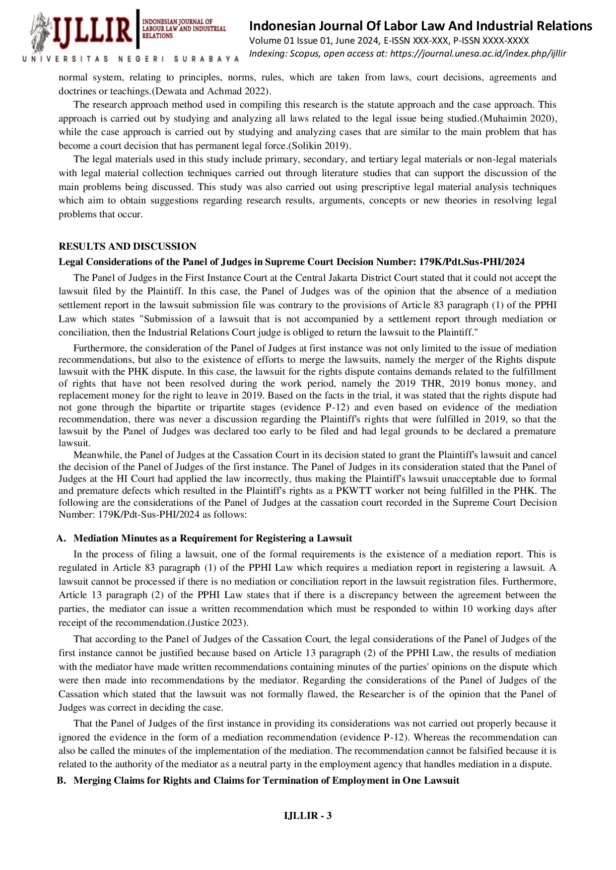 JURIS Juridical Analysis Of Supreme Court Decision Number 179K Pdt Sus Phi 2024 Regarding The Fulfillment Of Pkwtt Workers Rights After Termination For Efficiency Reasons