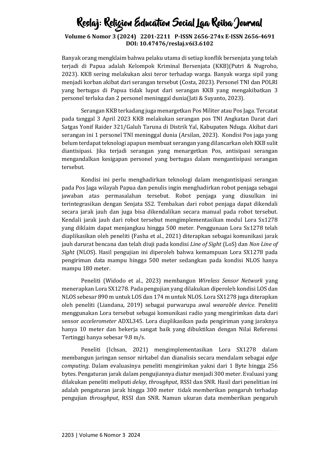 JURIS Pemanfaatan Modul Lora SX1278 Sebagai Sistem Telekontrol pada Robot Penjaga