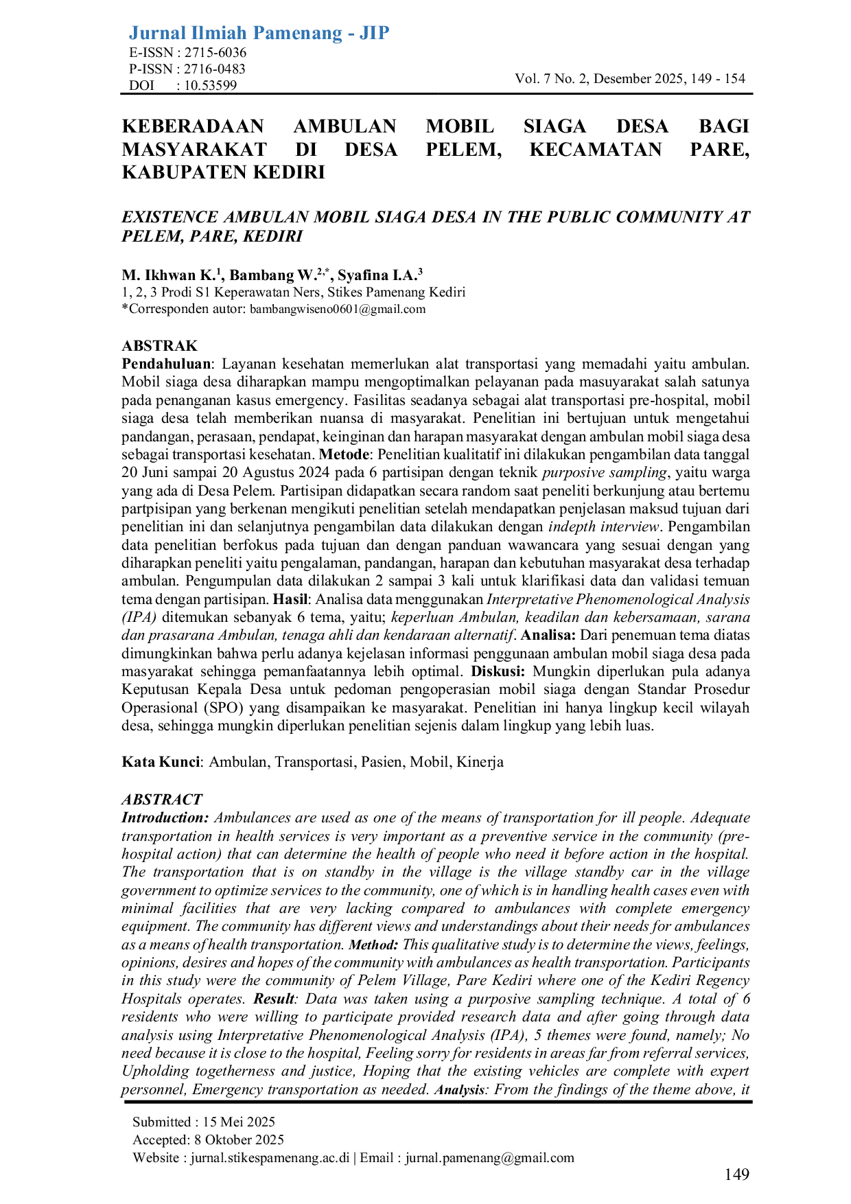 JURIS Keberadaan Ambulan Mobil Siaga Desa Bagi Masyarakat Di Desa Pelem Kecamatan Pare Kabupaten Kediri