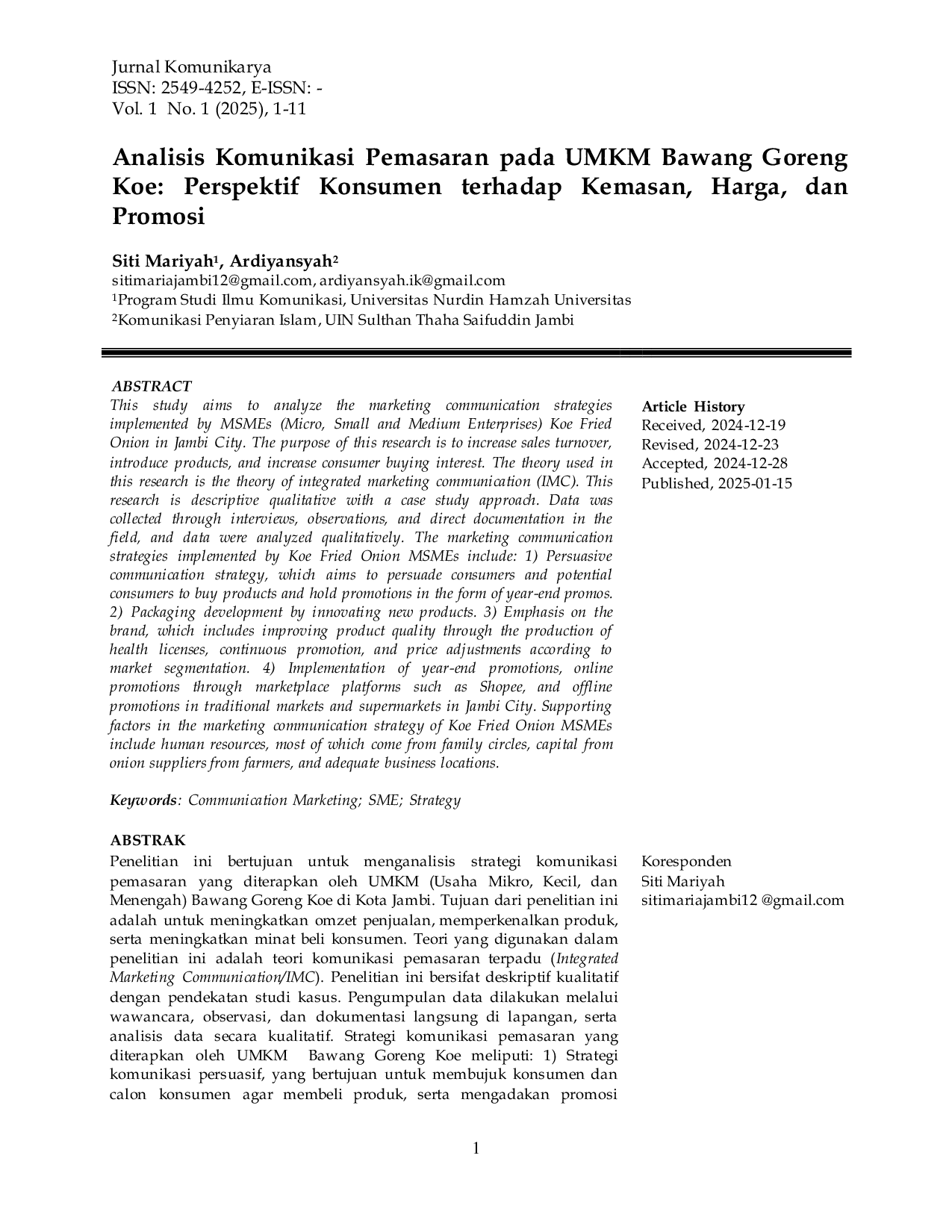 JURIS Analisis Komunikasi Pemasaran pada UMKM Bawang Goreng Koe Perspektif Konsumen terhadap Kemasan Harga dan Promosi