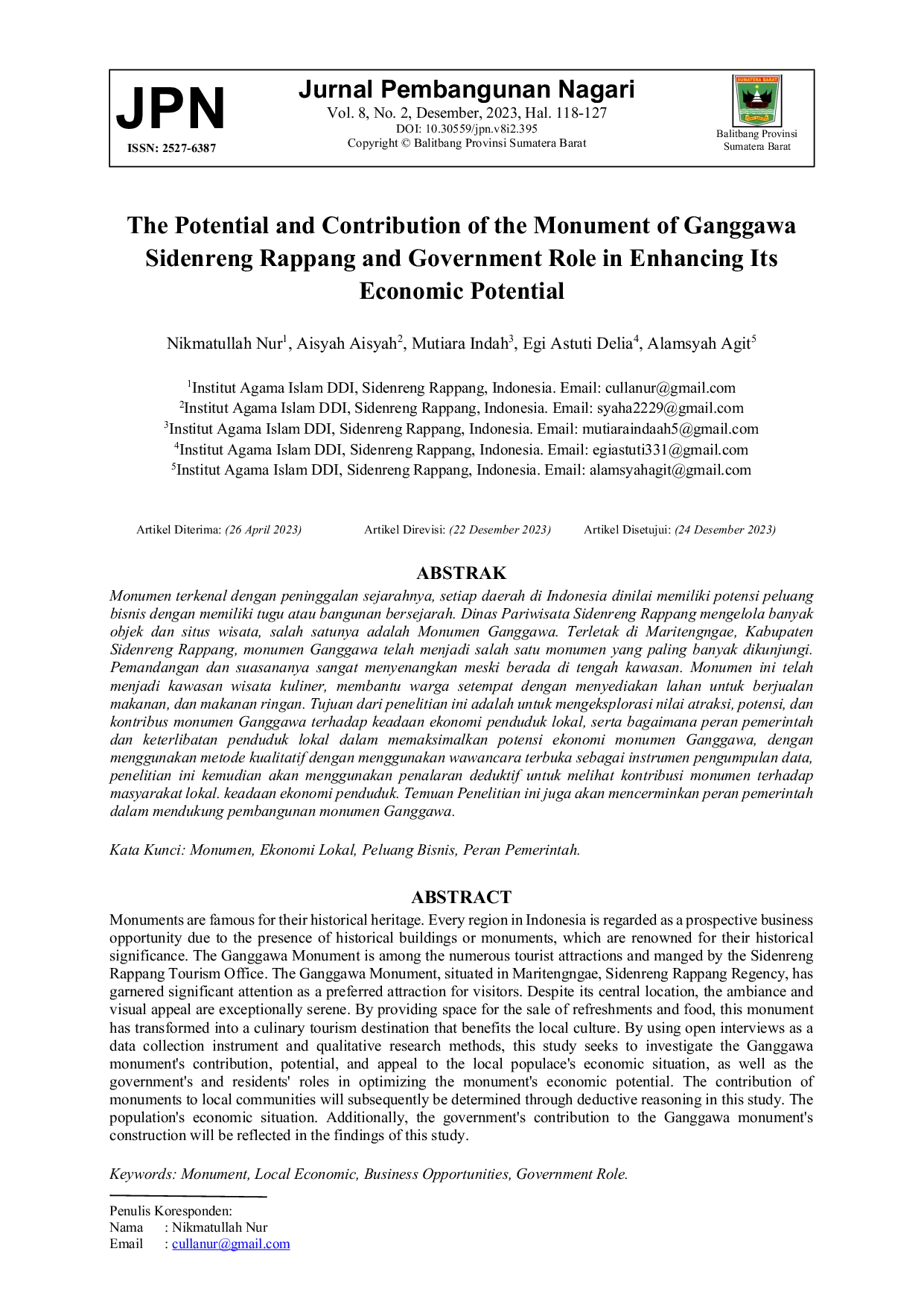 JURIS The Potential and Contribution of the Monument of Ganggawa Sidenreng Rappang and Government Role in Enhancing Its Economic Potential