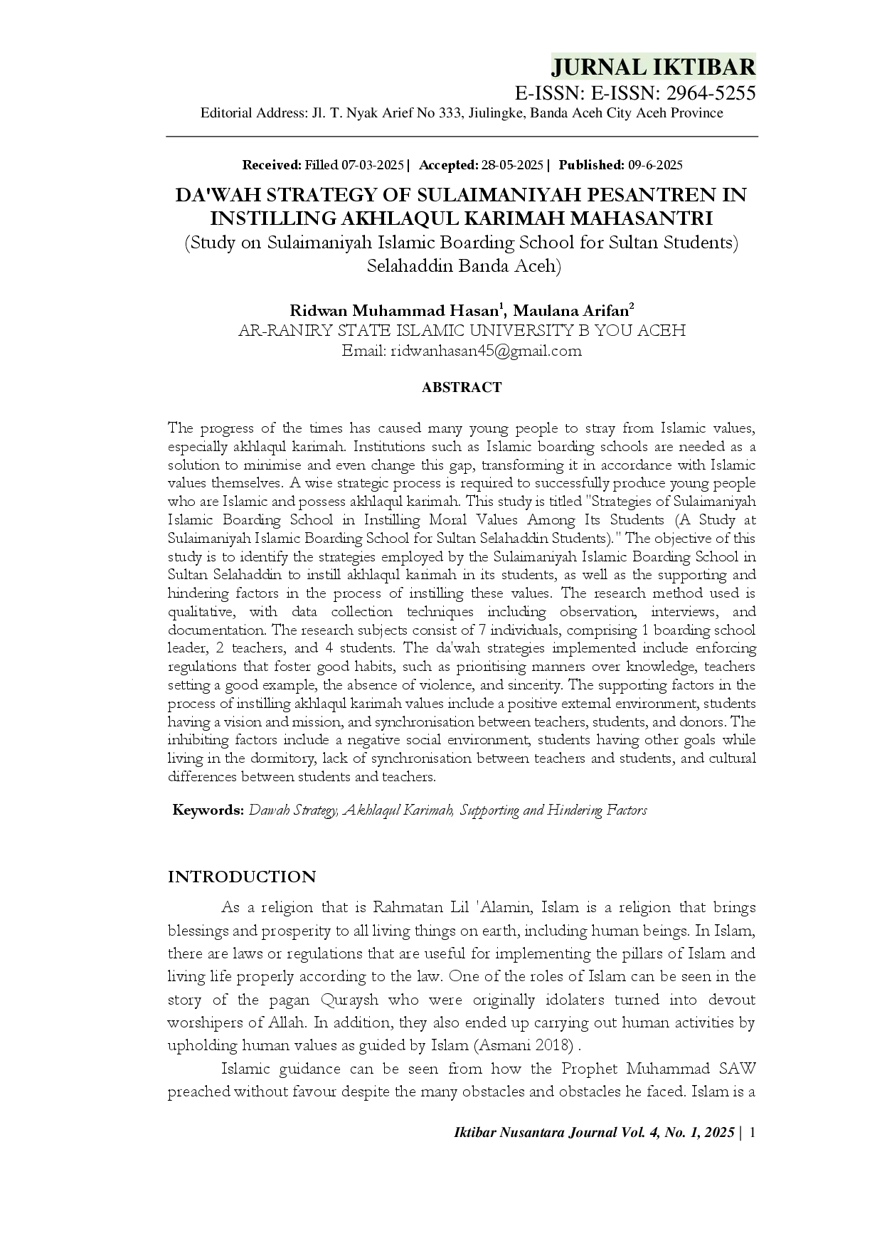 juris DA WAH STRATEGY OF SULAIMANIYAH PESANTREN IN INSTILLING AKHLAQUL KARIMAH MAHASANTRI Study on Sulaimaniyah Islamic Boarding School for Sultan Students Selahaddin Banda Aceh