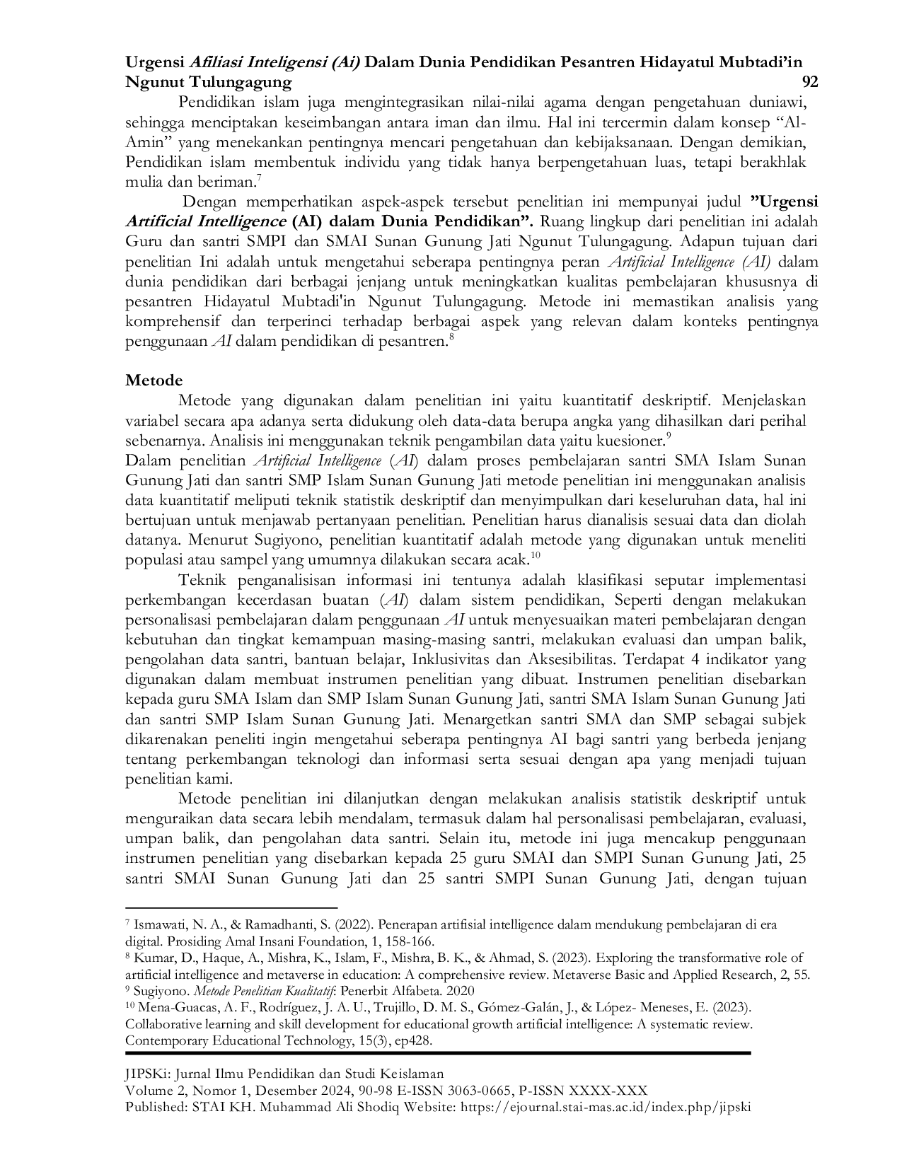 JURIS Urgensi Afiliasi Inteligensi AI Dalam Dunia Pendidikan Pesantren Hidayatul Mubtadi in Ngunut Tulungagung