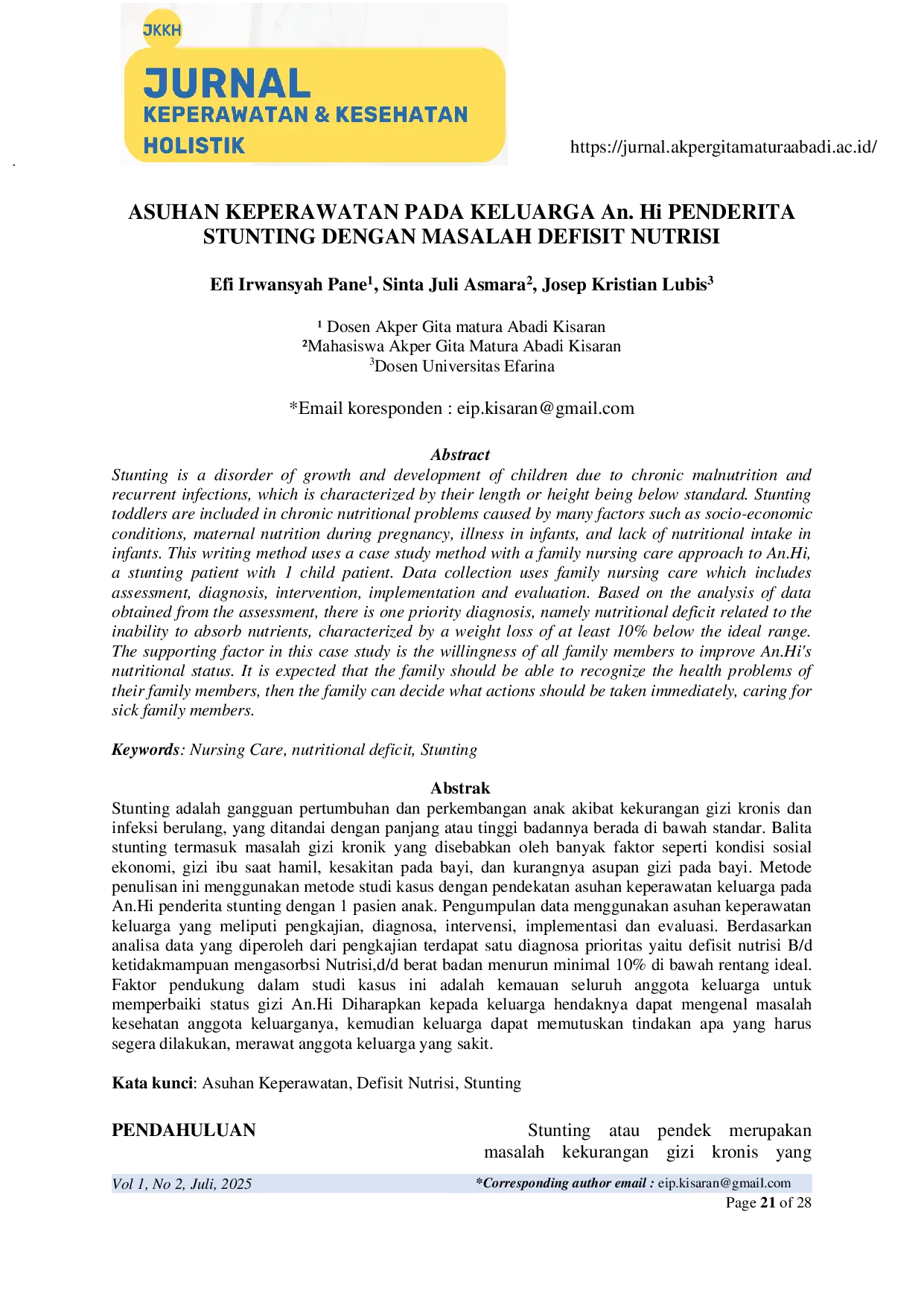 JURIS ASUHAN KEPERAWATAN PADA KELUARGA An Hi PENDERITA STUNTING DENGAN MASALAH DEFISIT NUTRISI