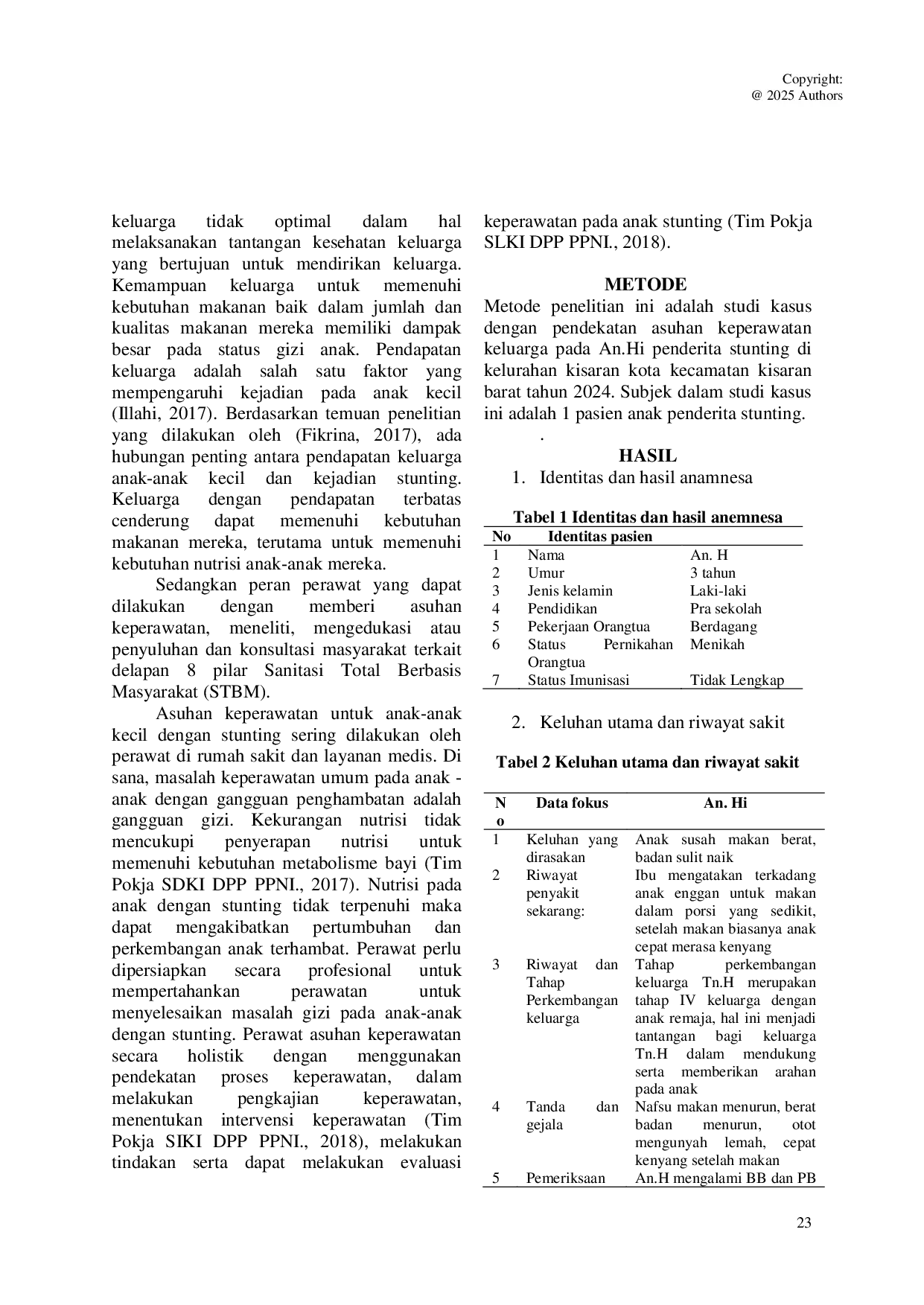 JURIS ASUHAN KEPERAWATAN PADA KELUARGA An Hi PENDERITA STUNTING DENGAN MASALAH DEFISIT NUTRISI
