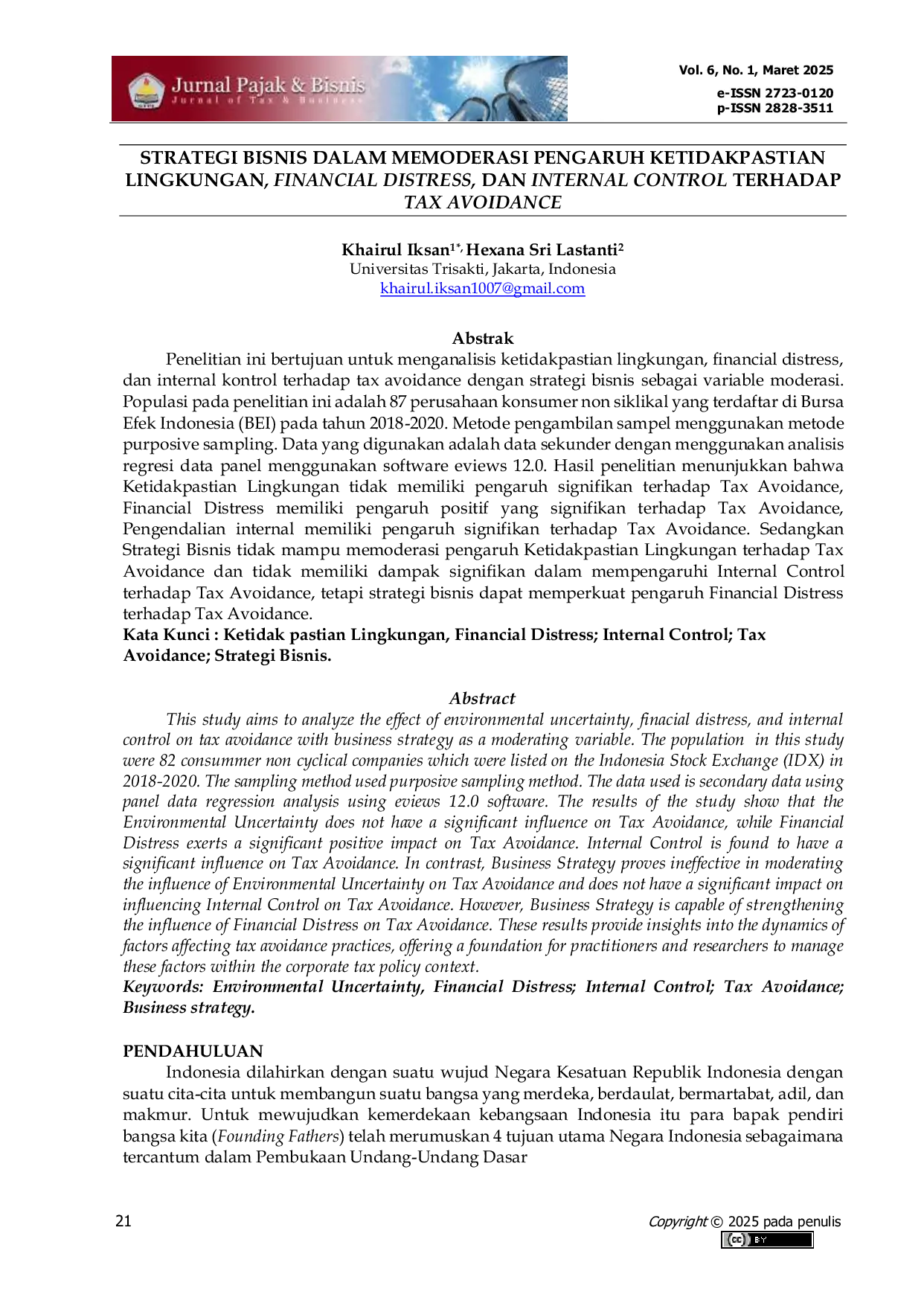 JURIS Strategi Bisnis Dalam Memoderasi Pengaruh Ketidakpastian Lingkungan Financial Distress Dan Internal Control Terhadap Tax Avoidance