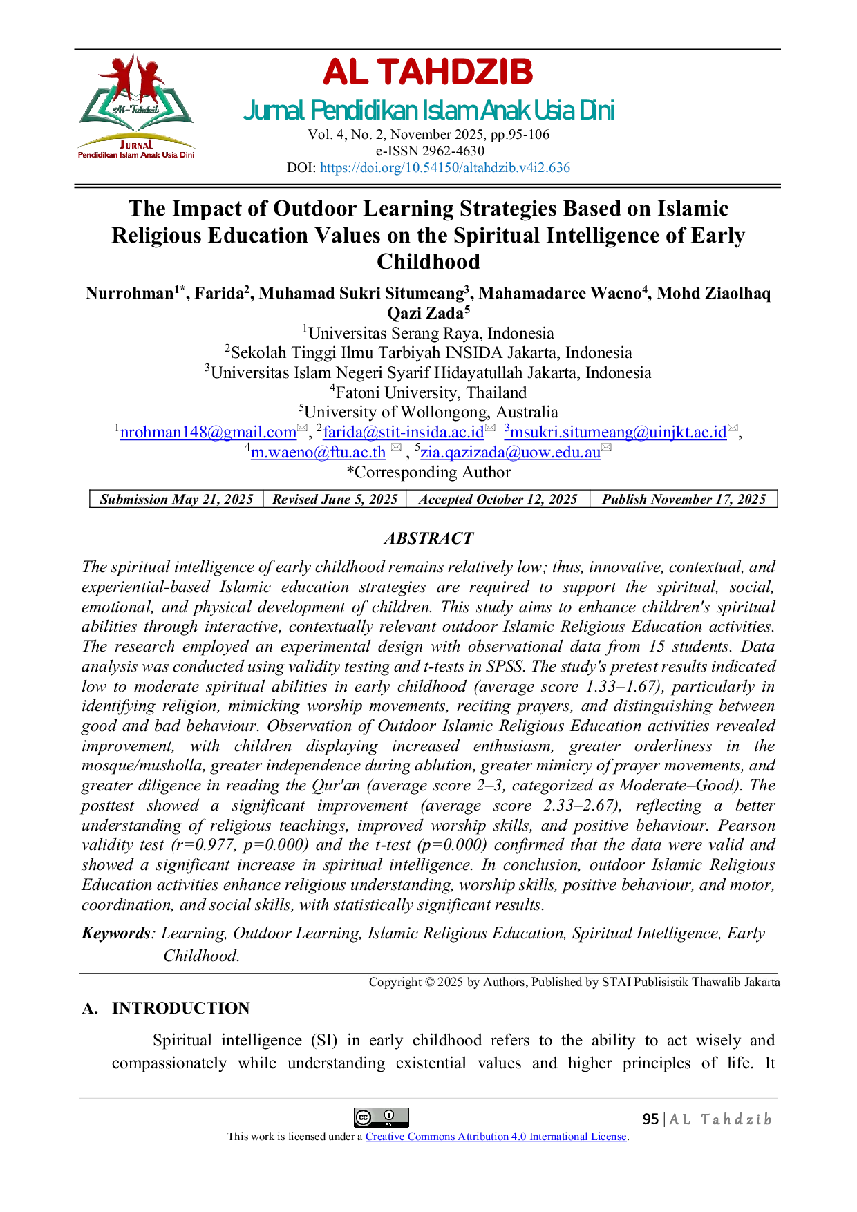 JURIS The Impact of Outdoor Learning Strategies Based on Islamic Religious Education Values on the Spiritual Intelligence of Early Childhood