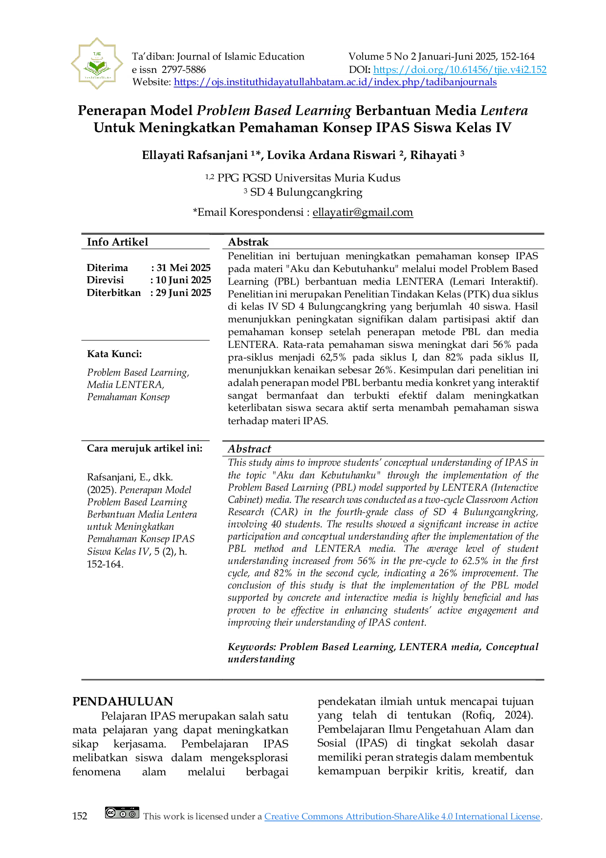 JURIS Penerapan Model Problem Based Learning Berbantuan Media Lentera Untuk Meningkatkan Pemahaman Konsep IPAS Siswa Kelas IV