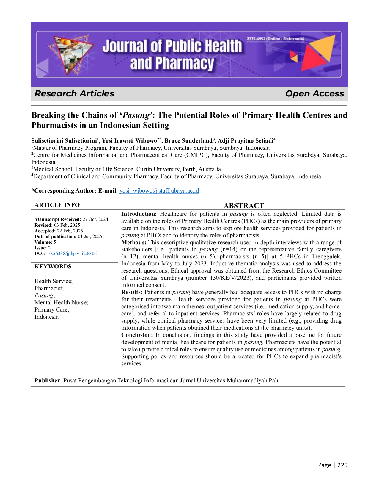 JURIS Breaking the Chains of Pasung The Potential Roles of Primary Health Centres and Pharmacists in an Indonesian Setting