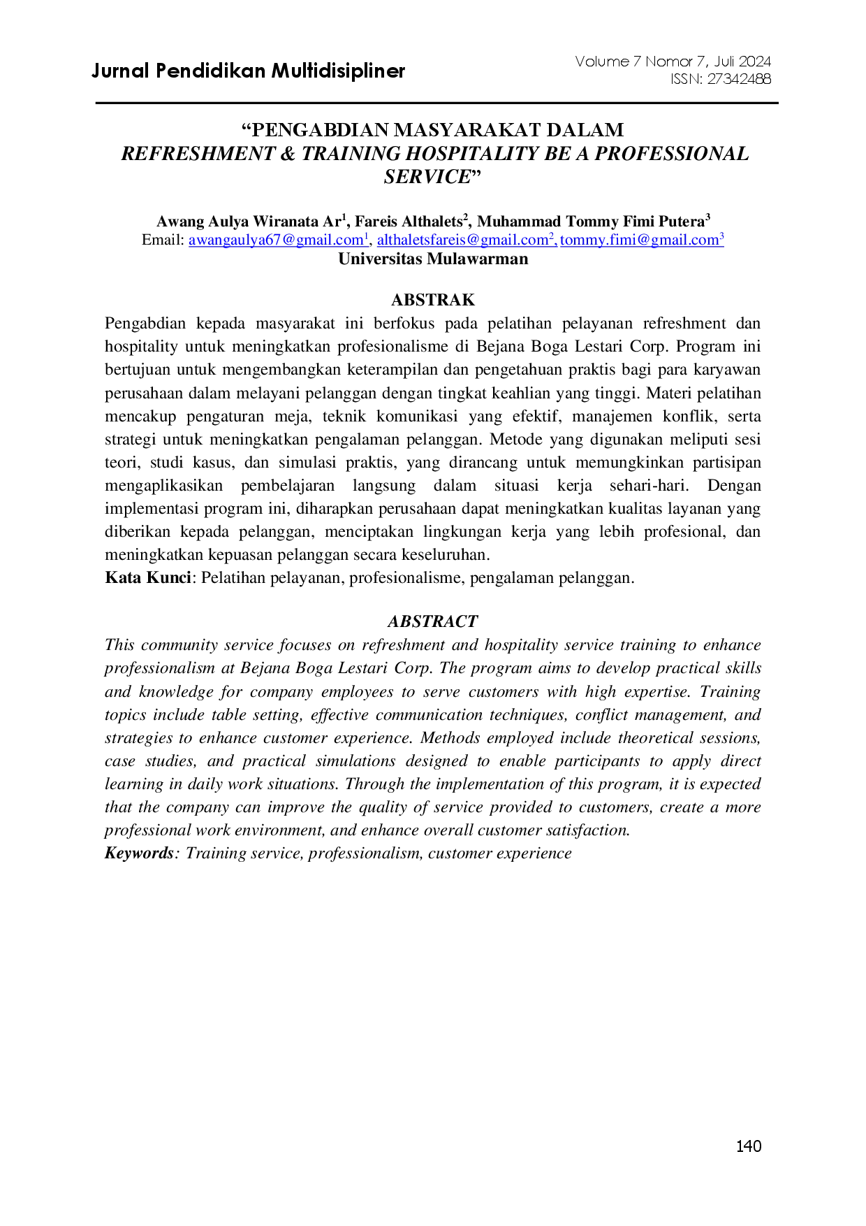 juris Pengabdian Masyarakat Dalam Refreshment Training Hospitality Be A Professional Service