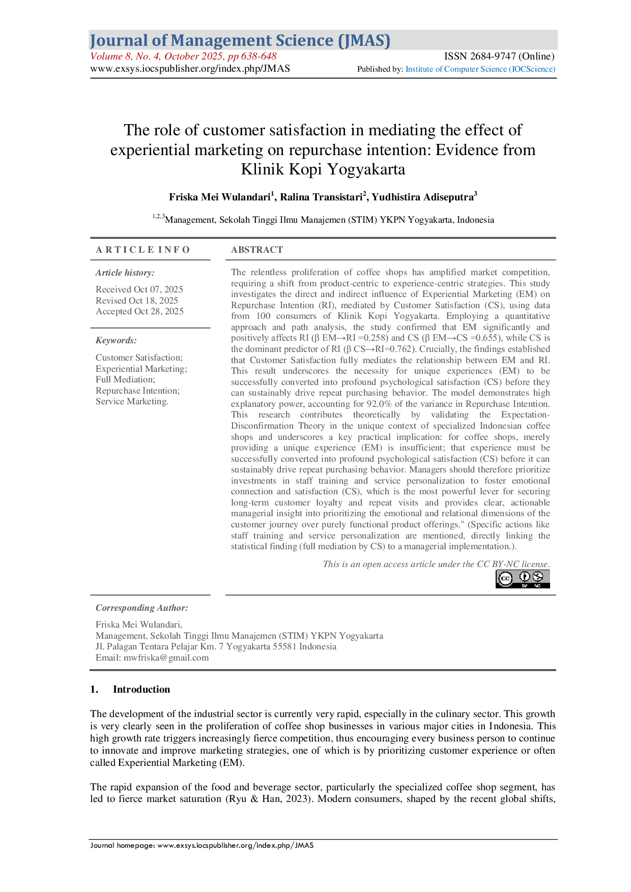 JURIS The Role of Customer Satisfaction in Mediating the Effect of Experiential Marketing on Repurchase Intention Evidence from Klinik Kopi Yogyakarta