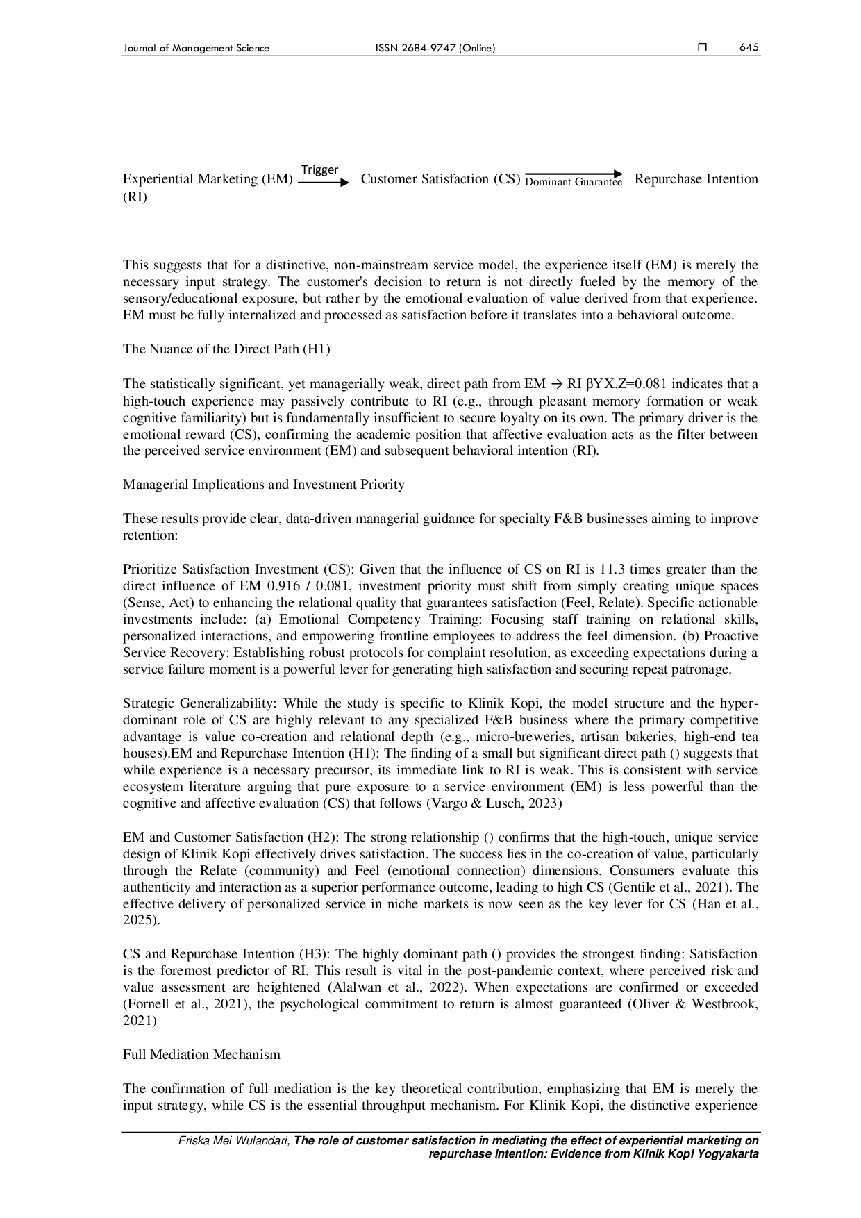 JURIS The Role of Customer Satisfaction in Mediating the Effect of Experiential Marketing on Repurchase Intention Evidence from Klinik Kopi Yogyakarta