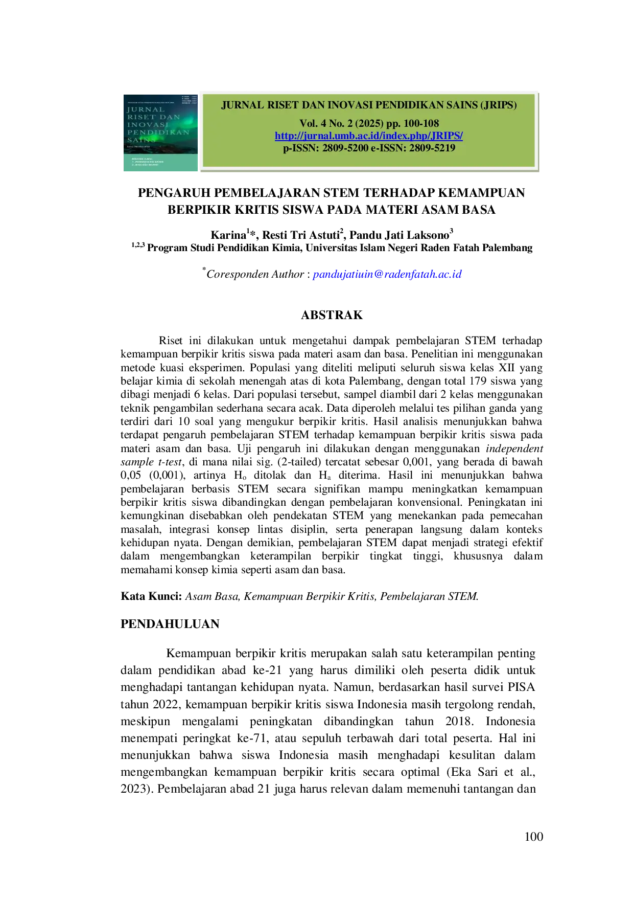 JURIS Pengaruh Pembelajaran STEM Terhadap Kemampuan Berpikir Kritis Siswa Pada Materi Asam Basa